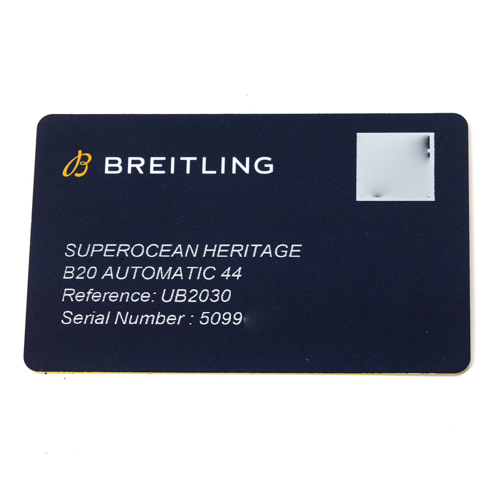 This is a Breitling Superocean UB2030121B1S1 Men
s Stainless Steel Black Dial UB2030121B1S1 Men
s Stainless Steel Black Dial Heritage B20 Automatic 44 warranty card showing the model number and serial number.