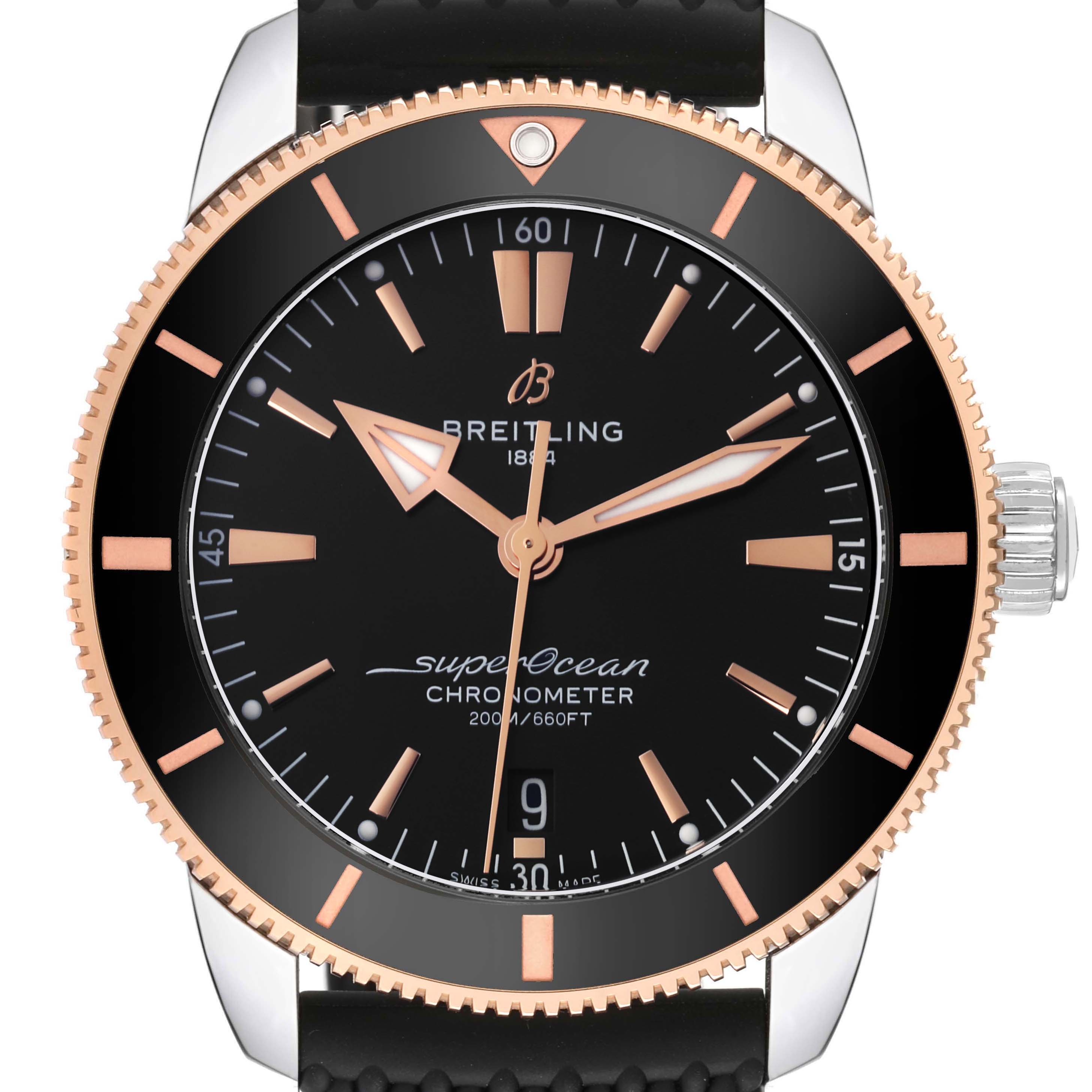 This image shows a front view of the Breitling Superocean UB2030121B1S1 Men
s Stainless Steel Black Dial UB2030121B1S1 Men
s Stainless Steel Black Dial watch, highlighting the dial, hands, bezel, and crown.