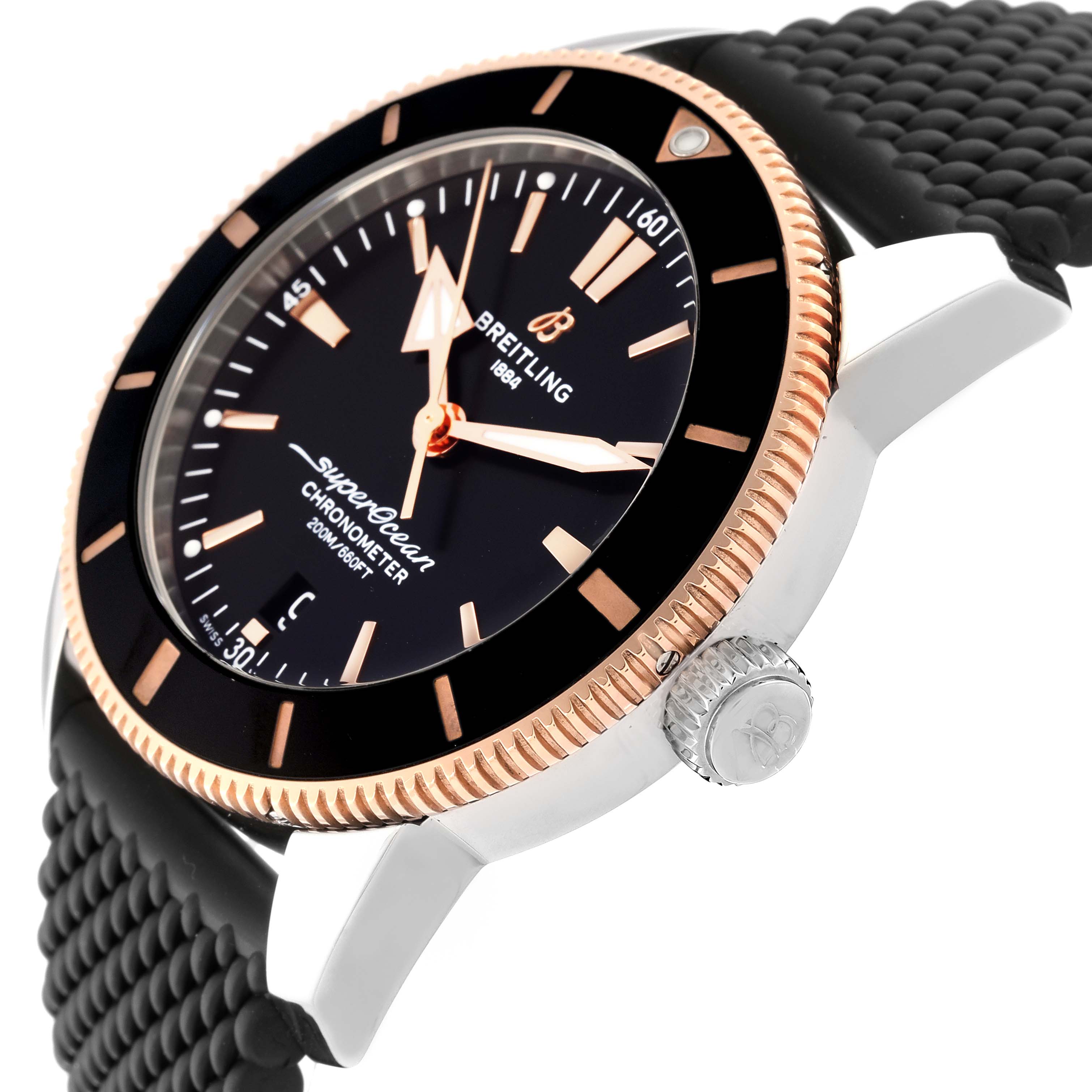 The Breitling Superocean UB2030121B1S1 Men
s Stainless Steel Black Dial UB2030121B1S1 Men
s Stainless Steel Black Dial watch is shown at a slight side angle, displaying the bezel, face, crown, and strap.