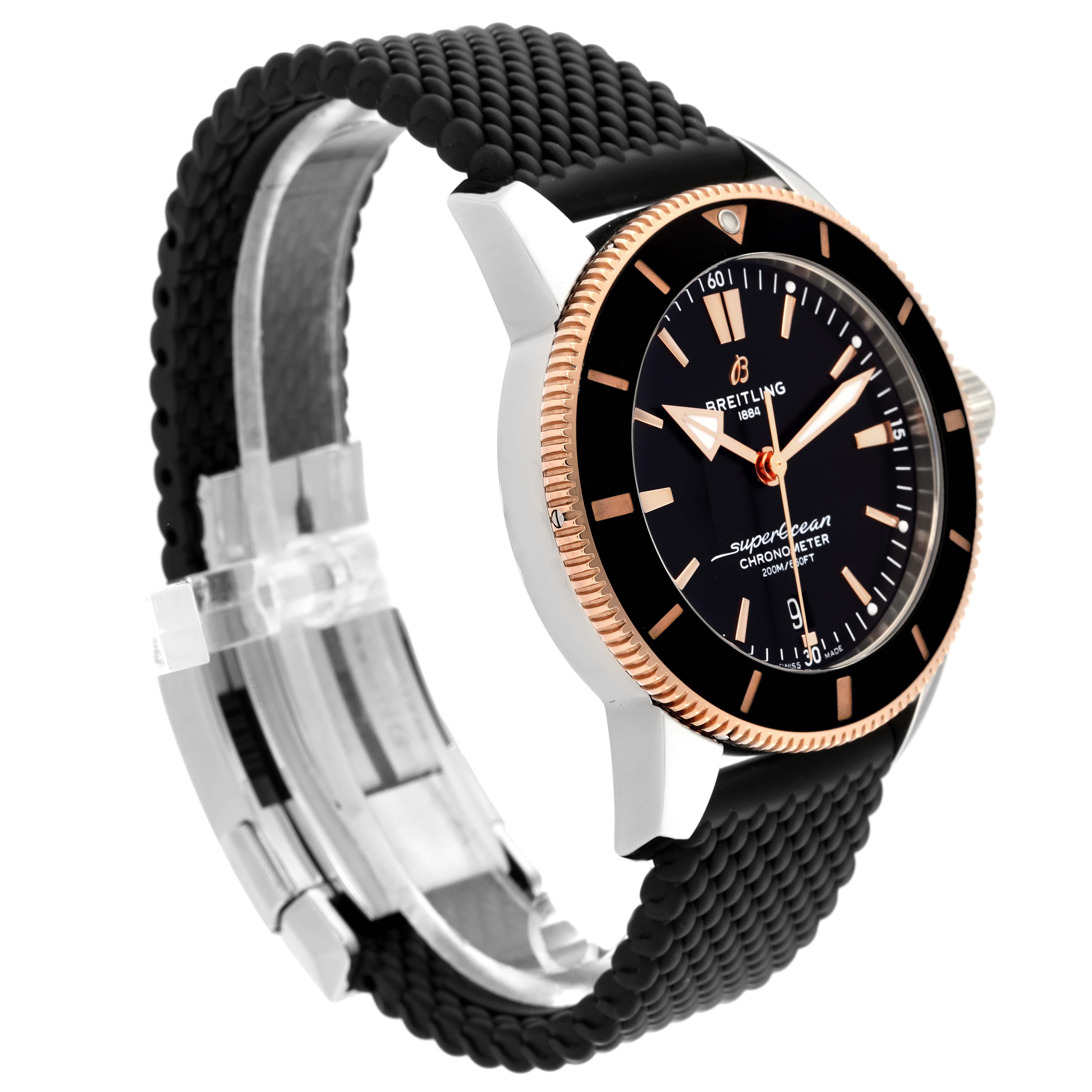 The watch is a Breitling Superocean UB2030121B1S1 Men
s Stainless Steel Black Dial UB2030121B1S1 Men
s Stainless Steel Black Dial model, shown at a three-quarter angle displaying the bezel, face, strap, and clasp.