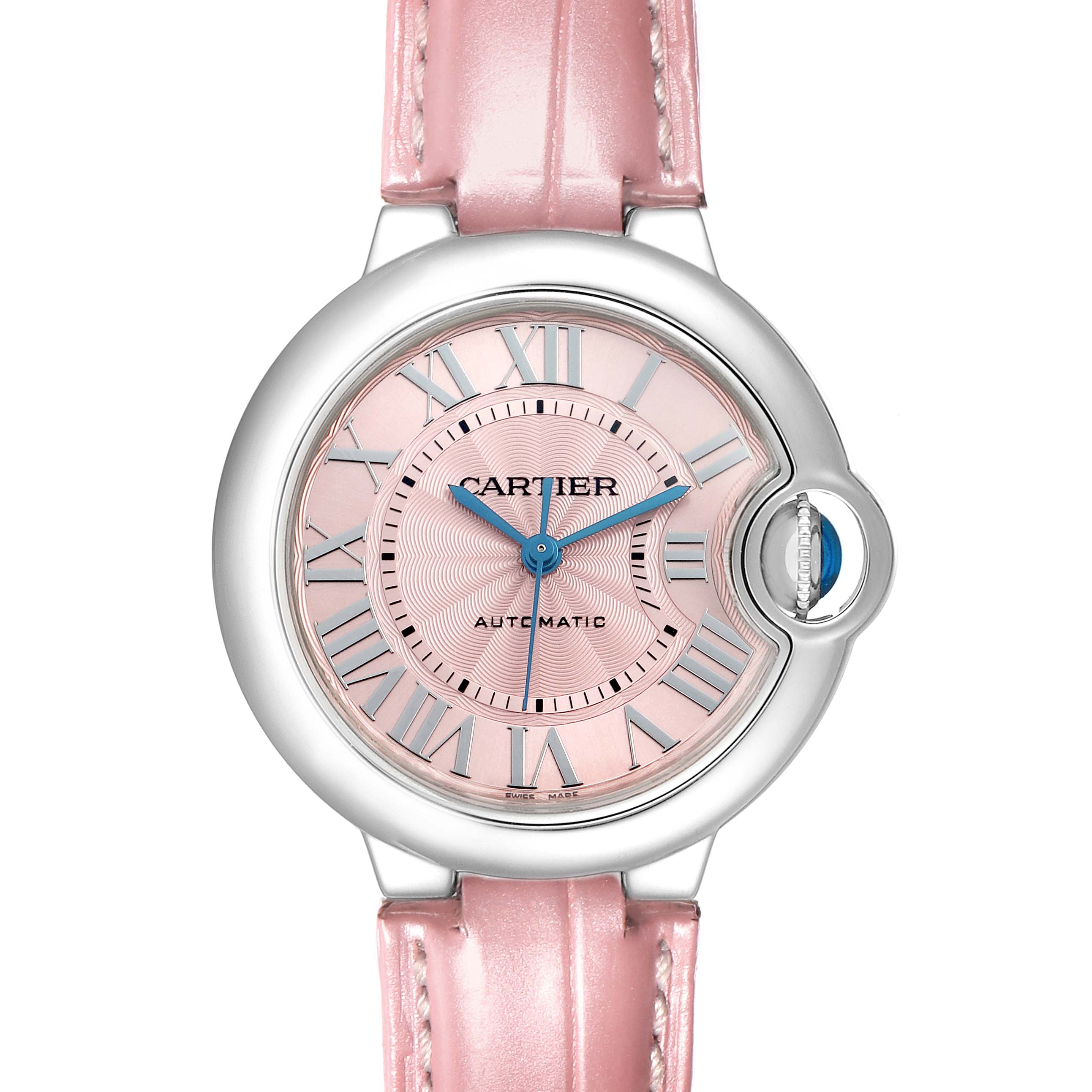 The Cartier Ballon Bleu WSBB0002 Women
s Stainless Steel Pink Dial watch is shown from a top-down angle, displaying its pink dial, blue hands, and crown with a matching pink strap.