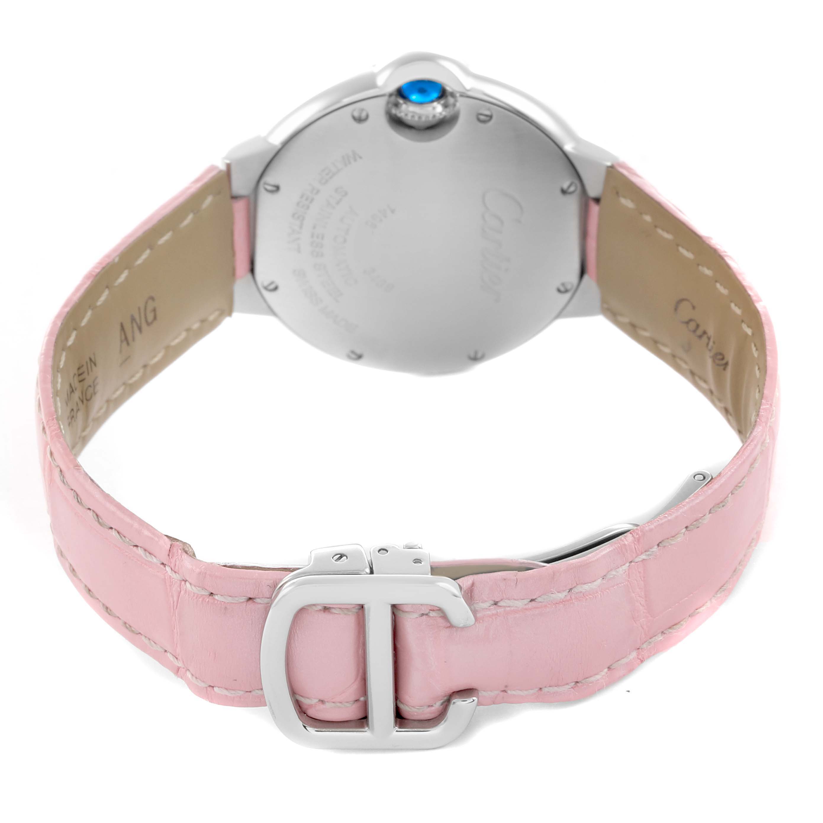 The image shows the back of the Cartier Ballon Bleu WSBB0002 Women
s Stainless Steel Pink Dial watch, highlighting its pink strap and clasp.