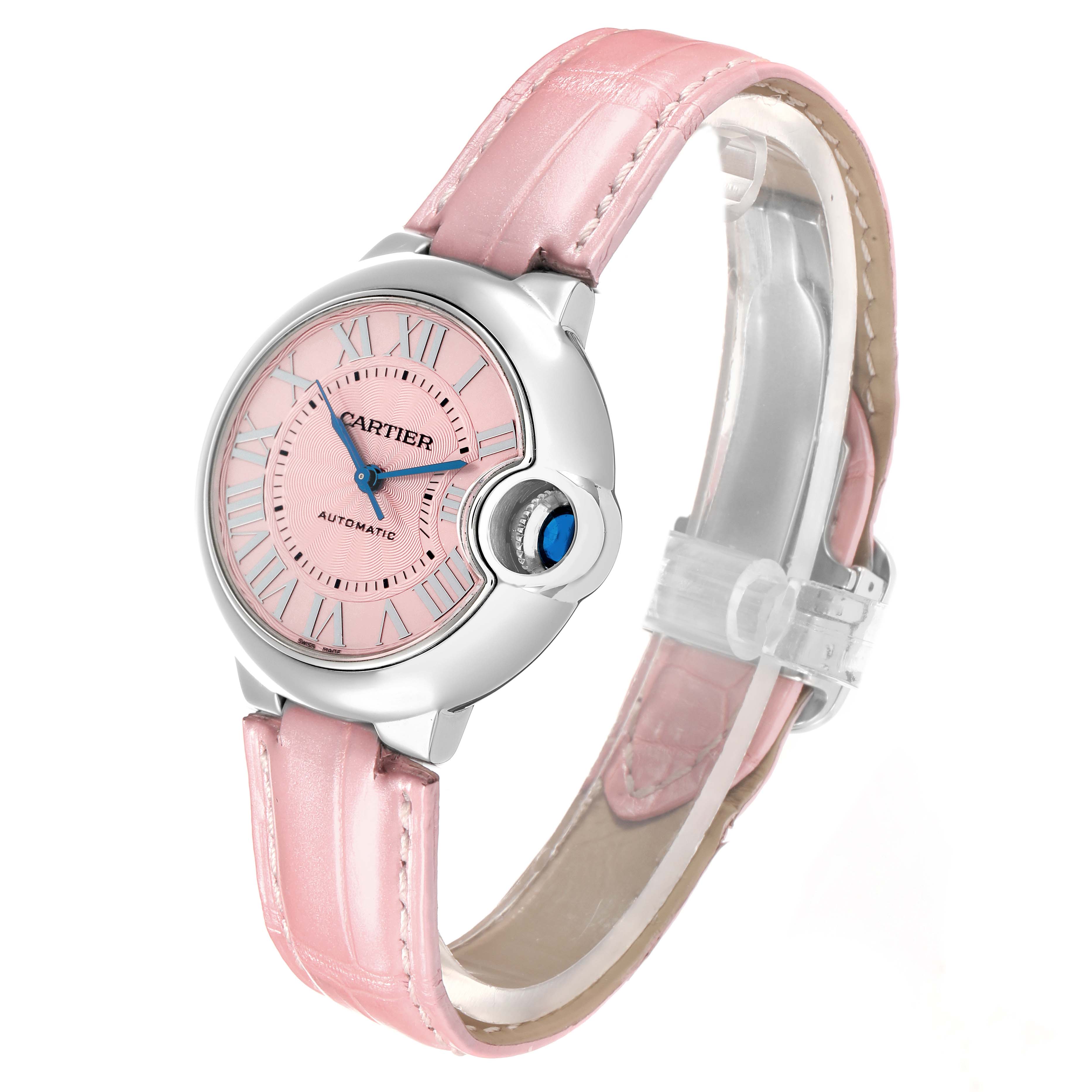 The Cartier Ballon Bleu WSBB0002 Women
s Stainless Steel Pink Dial watch is shown at a slight angle, displaying its pink dial, blue hands, and pink leather strap.