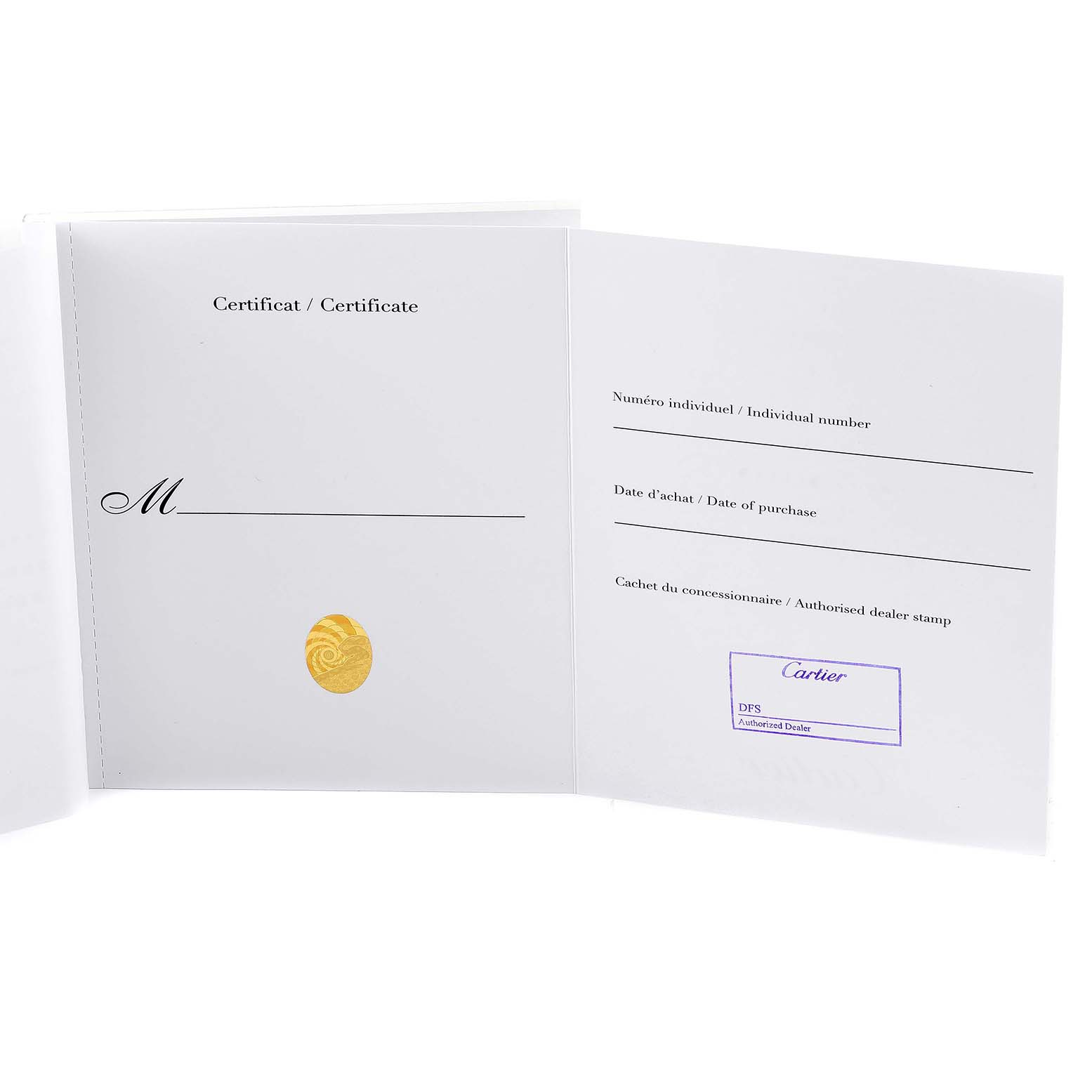 The image shows an open warranty certificate booklet for the Calibre de Cartier model by Cartier, displaying fields for purchase details and dealer stamp.
