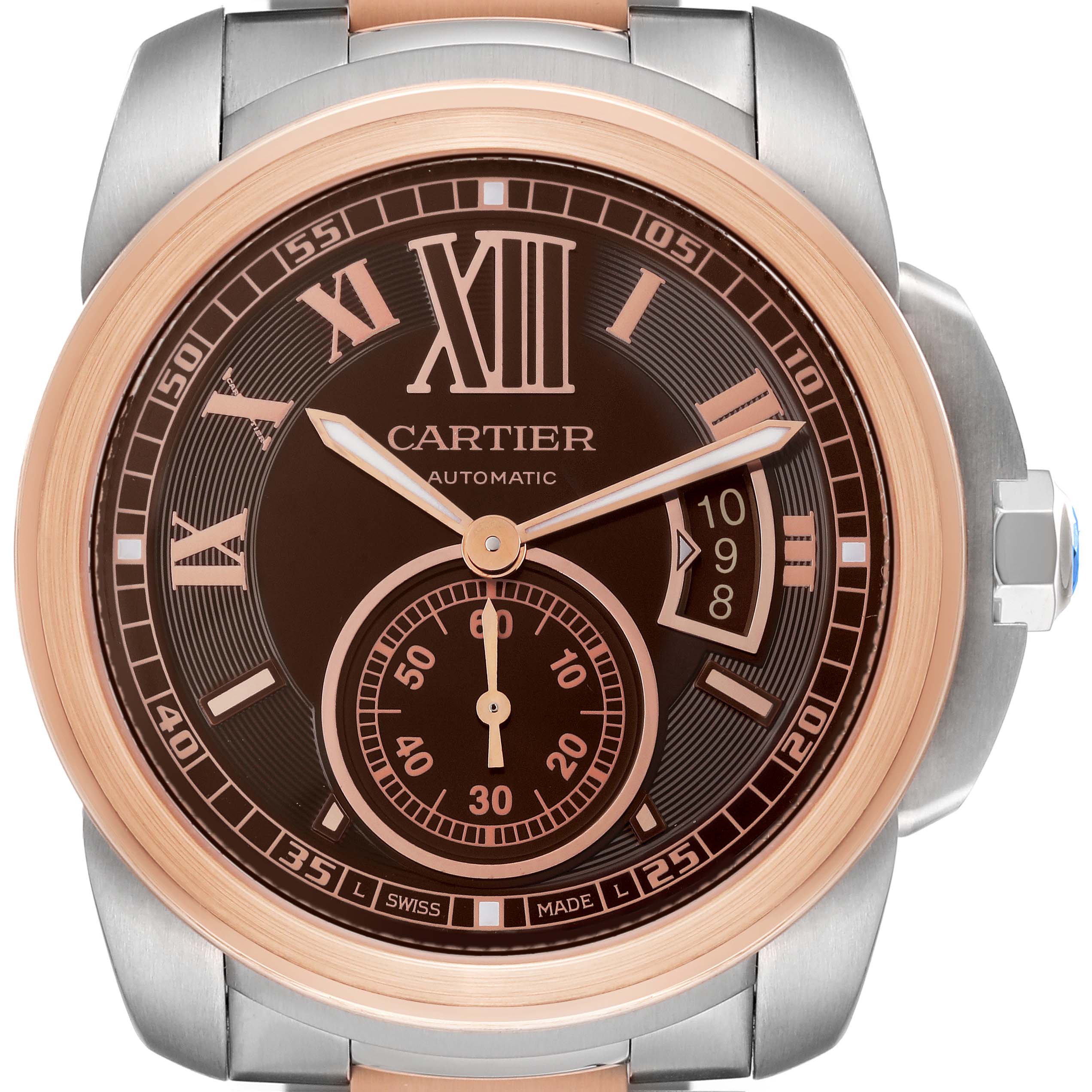 The Calibre de Cartier watch by Cartier is shown from a front angle, displaying the face, bezel, and part of the bracelet.