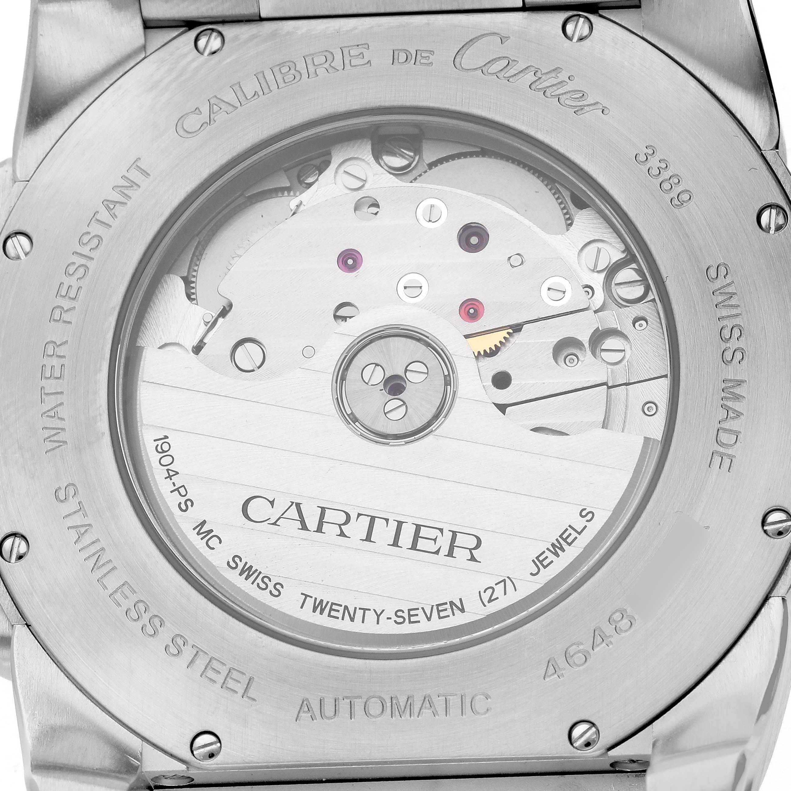 This image shows the back of a Calibre de Cartier watch by Cartier, revealing the automatic movement and internal components.