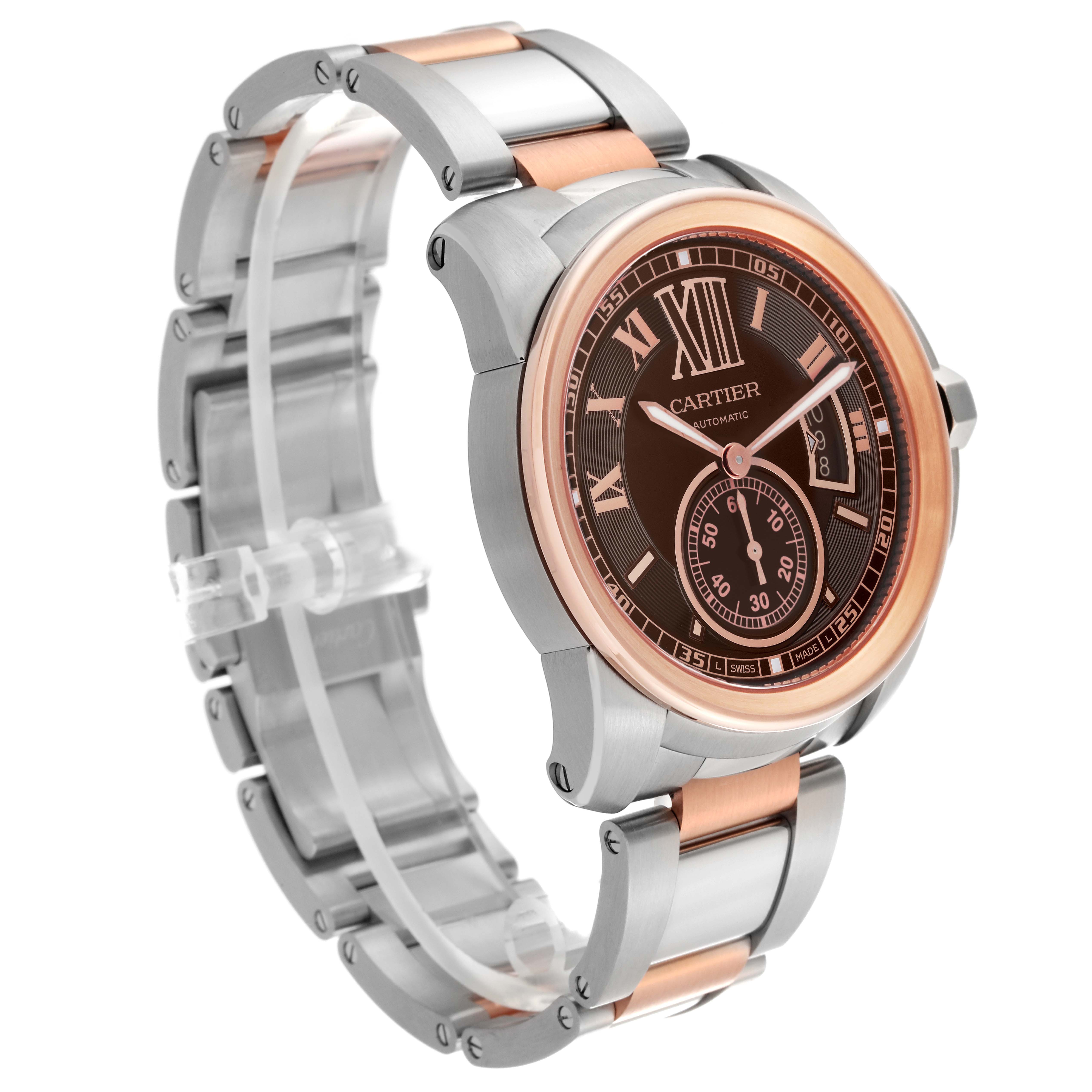 This image shows a side view of the Calibre de Cartier watch by Cartier, highlighting the watch face, bezel, and bracelet.