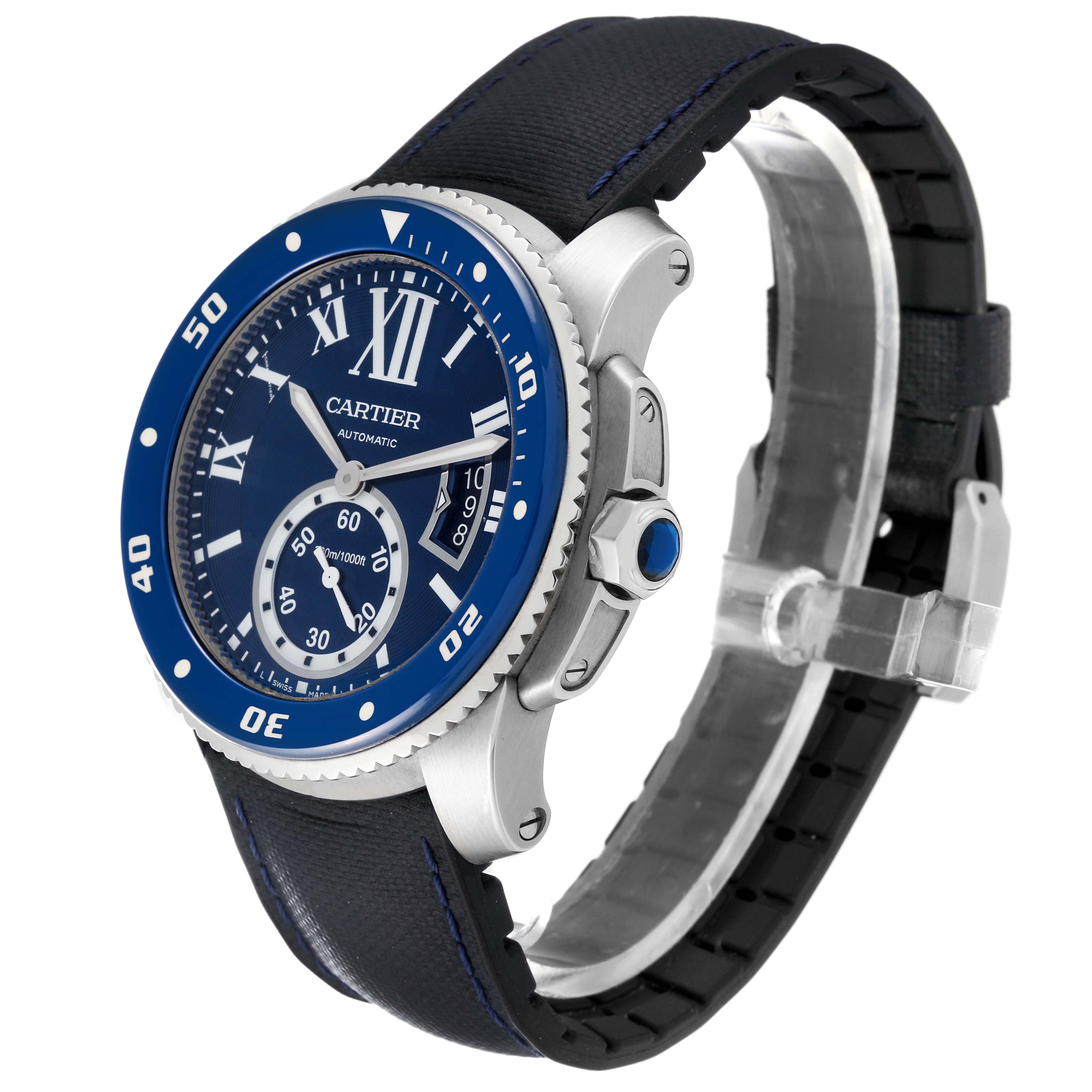 This image shows a side angle of the Calibre de Cartier watch by Cartier, focusing on the dial, bezel, crown, and strap.