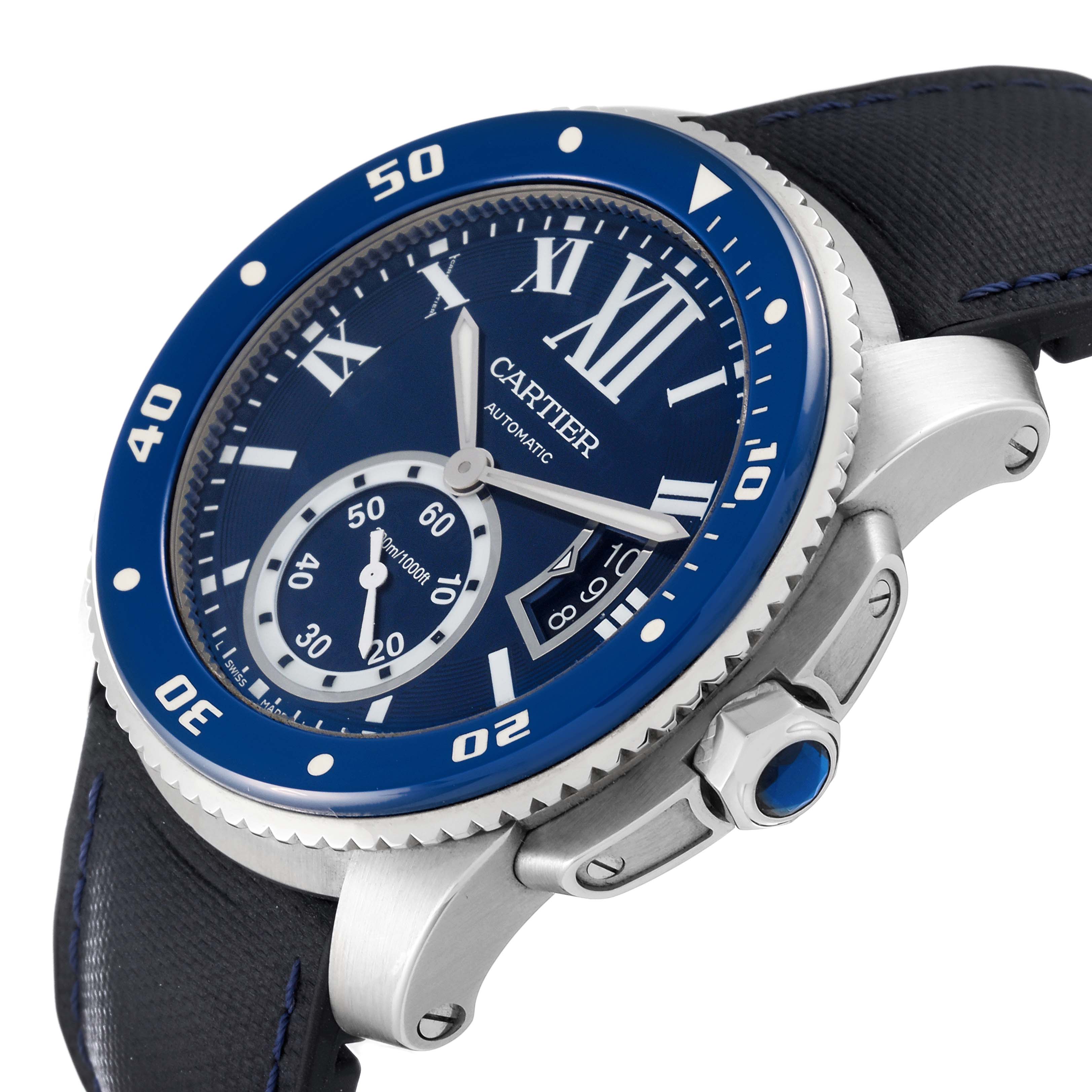 The image shows a Calibre de Cartier watch by Cartier from an angled side view, highlighting the face, bezel, and part of the strap.