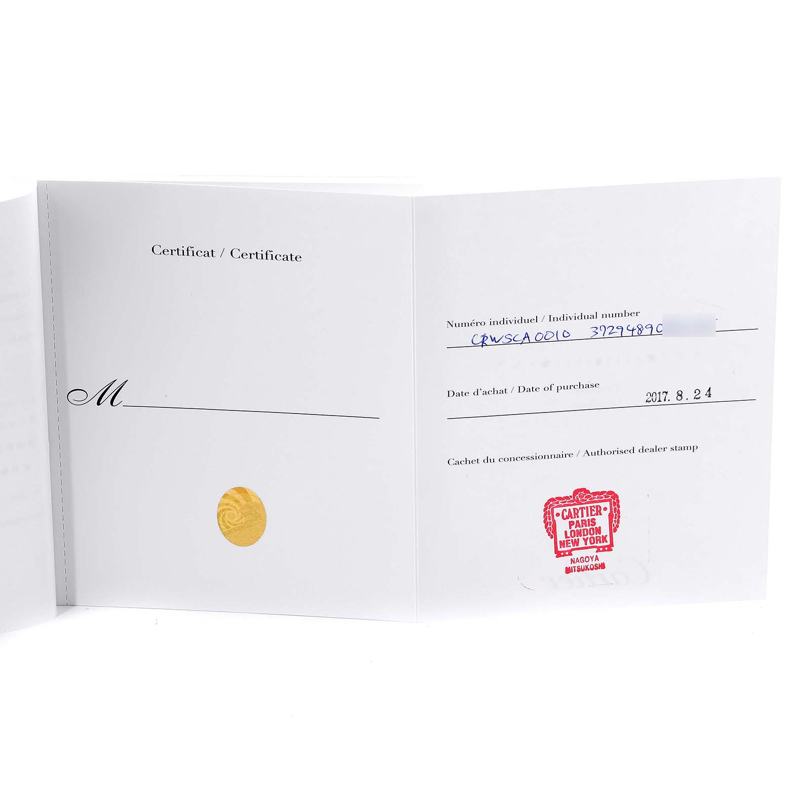 The image shows an open certificate for the Calibre de Cartier model by Cartier, including purchase details and a dealer stamp.