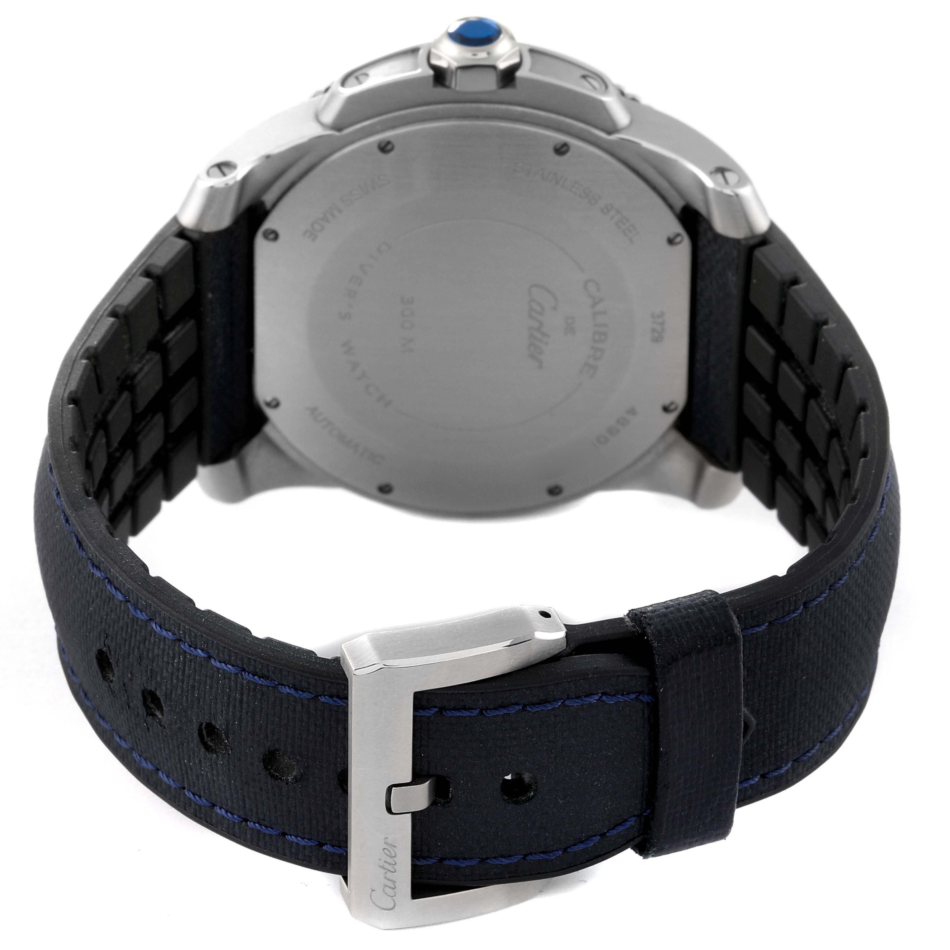 The image shows the back view of the Calibre de Cartier watch by Cartier, highlighting the case back, strap, and buckle.