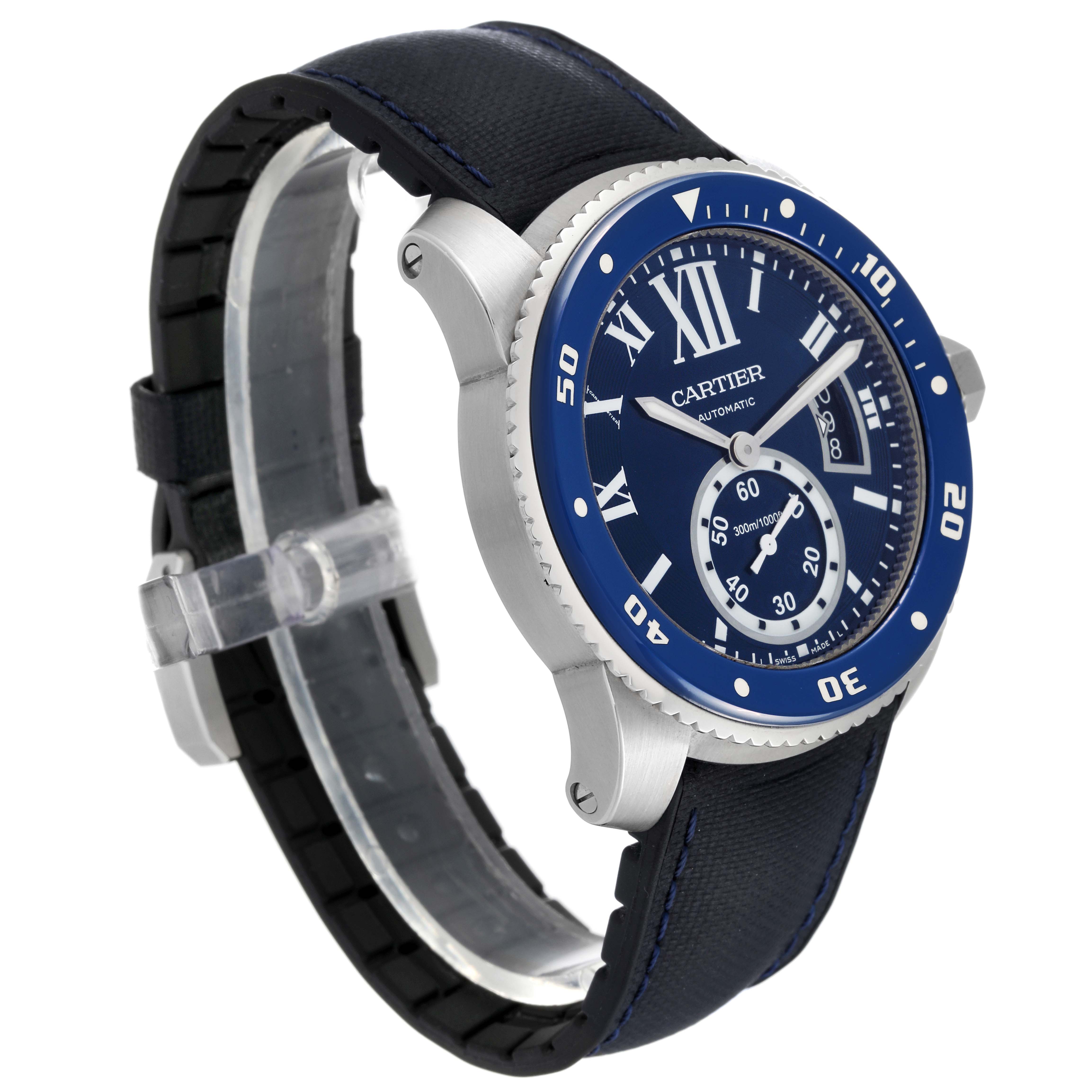 This image shows a side view of the Calibre de Cartier watch by Cartier, highlighting the blue dial, bezel, and black strap.