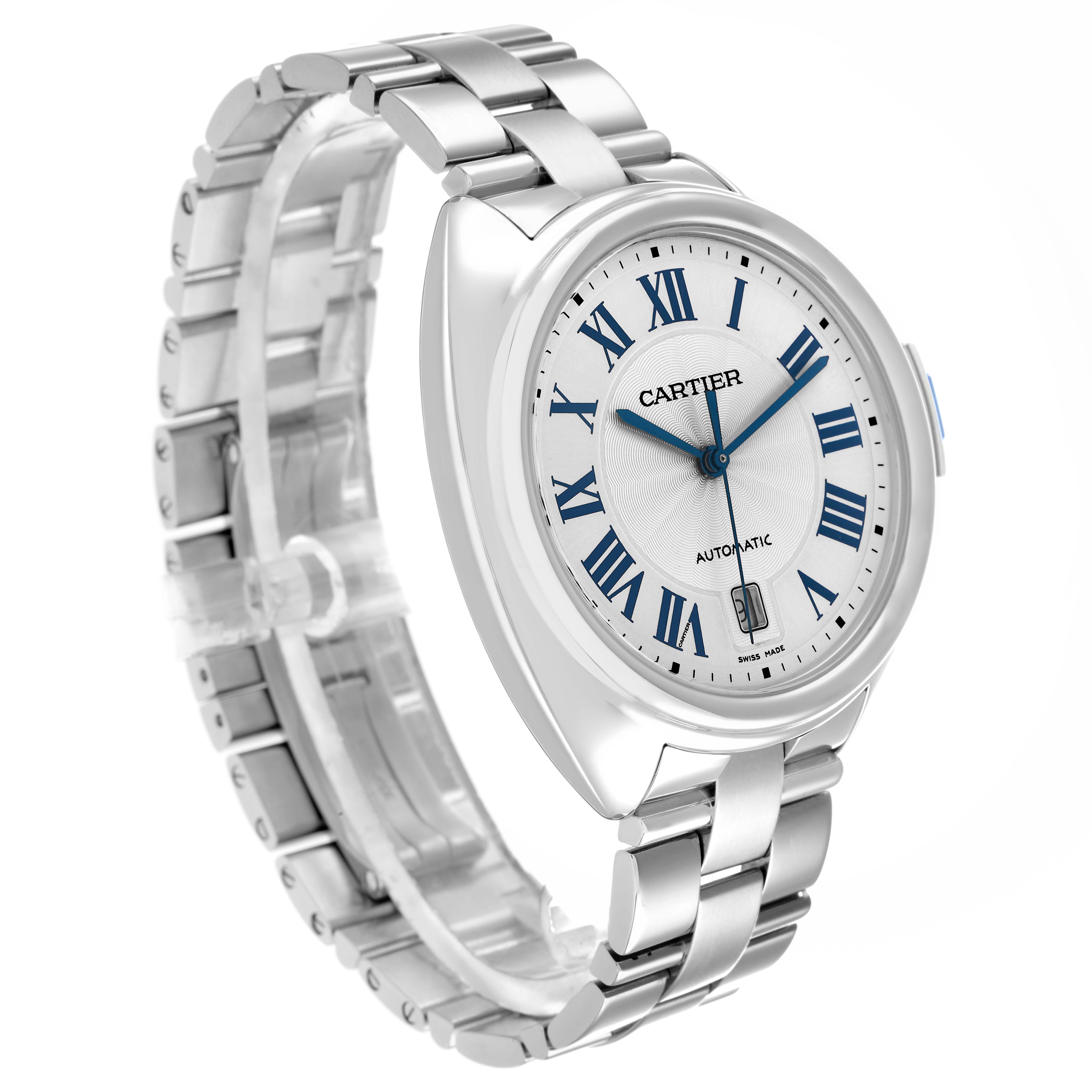 The Cartier Clé watch is shown at a three-quarter angle highlighting the dial, case, and bracelet.