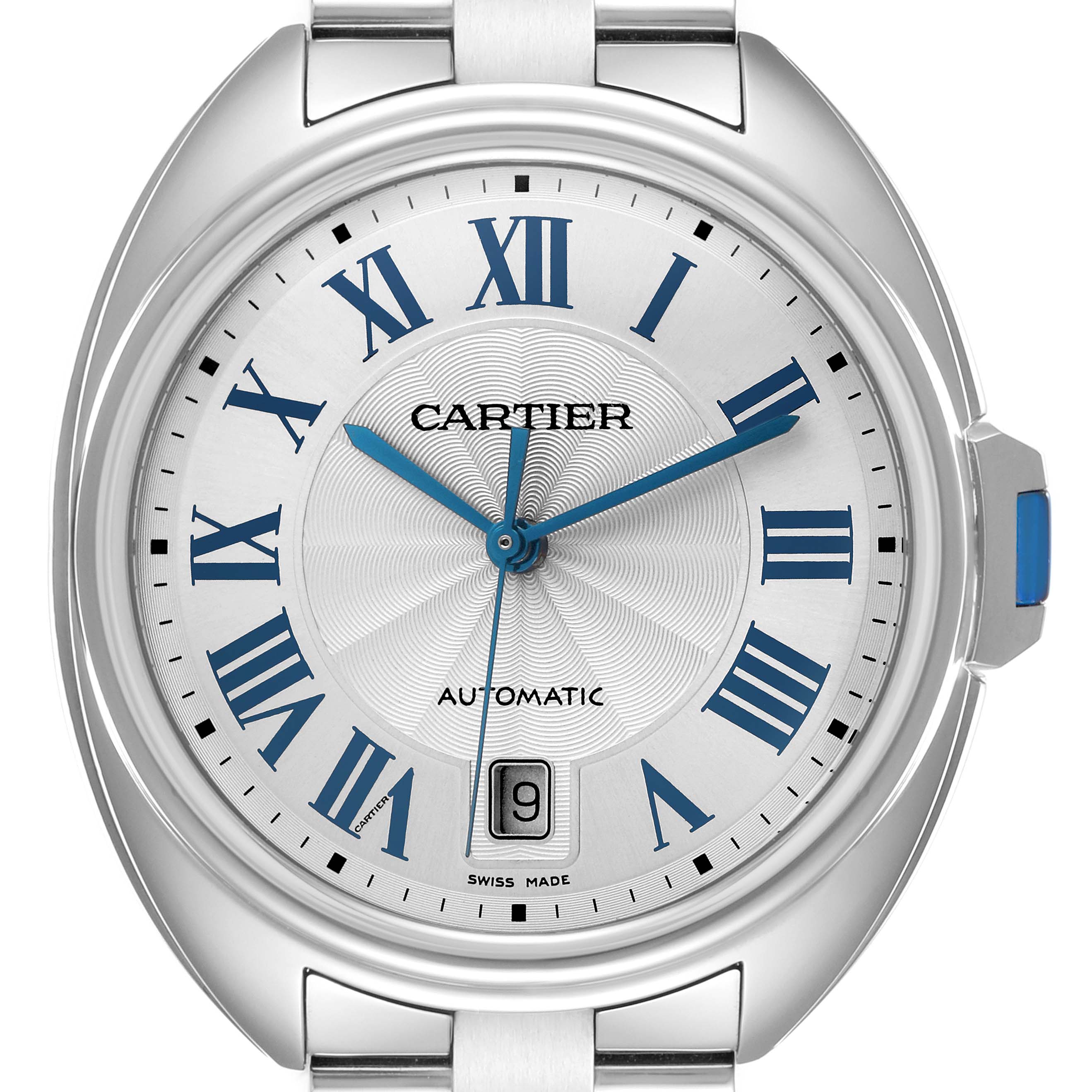 The Cartier Clé watch is shown from a front angle, highlighting the dial, Roman numerals, hands, and date window.
