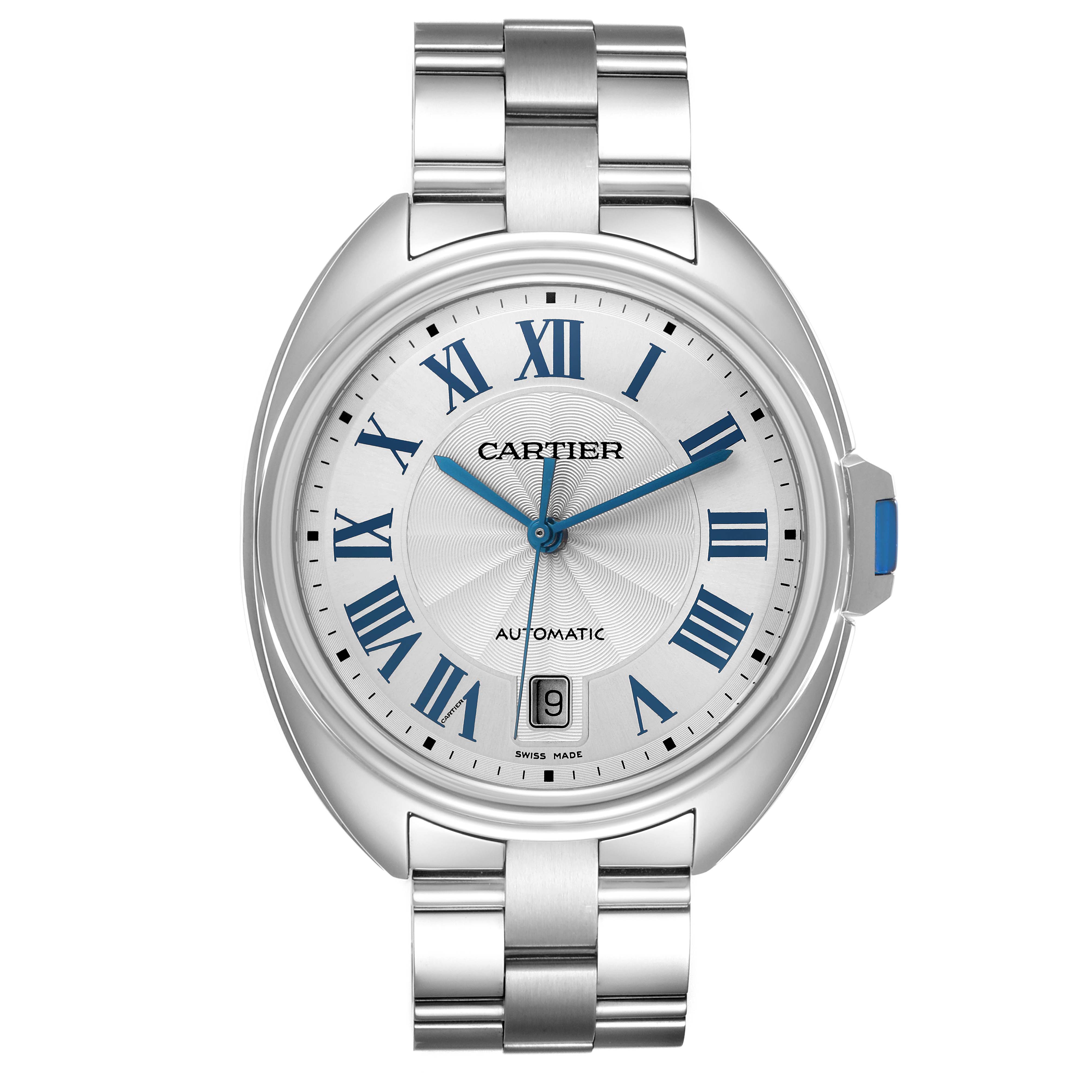 The Cartier Clé watch is shown from the front, displaying the dial, Roman numerals, hands, and part of the bracelet.