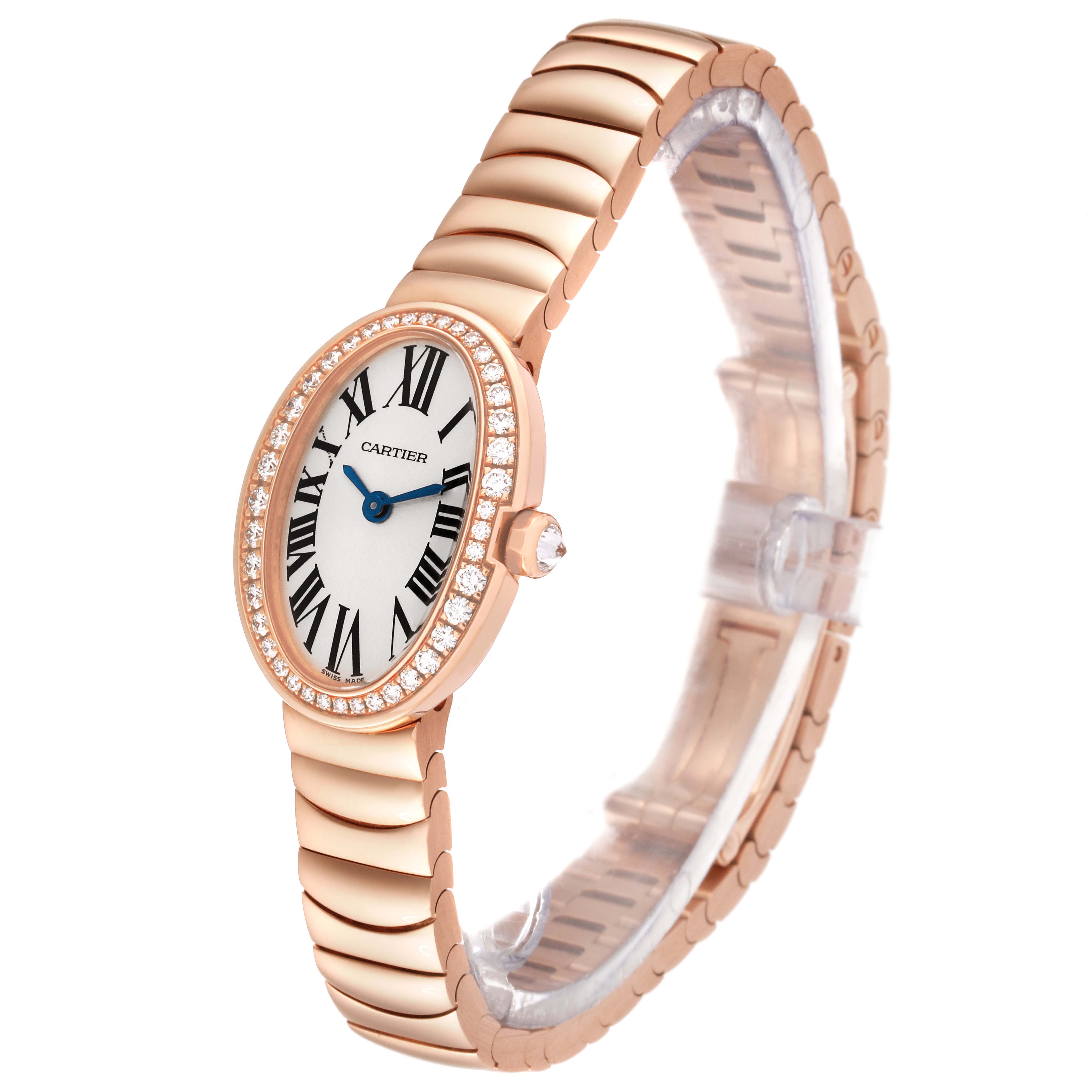 The Cartier Baignoire WB520026 Women's Rose Gold Silver Dial WB520026 Women's Rose Gold Silver Dial watch is shown at an angle highlighting the face, bezel, and bracelet.