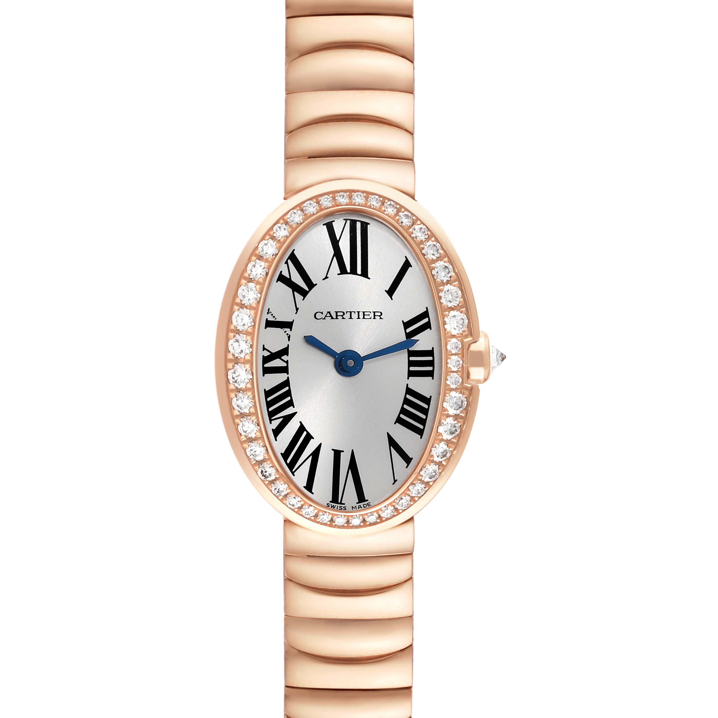 This image shows a front view of the Cartier Baignoire WB520026 Women's Rose Gold Silver Dial WB520026 Women's Rose Gold Silver Dial watch, highlighting its oval dial, diamond bezel, and gold bracelet.