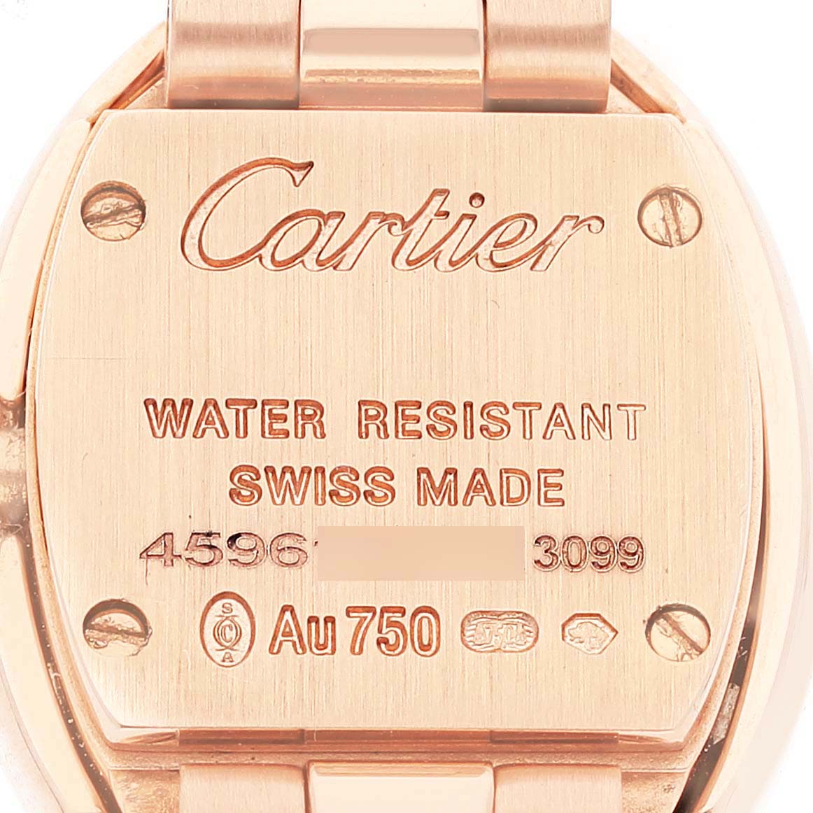 The image shows the back of a Cartier Baignoire WB520026 Women's Rose Gold Silver Dial WB520026 Women's Rose Gold Silver Dial watch, highlighting details like "Water Resistant" and "Swiss Made."