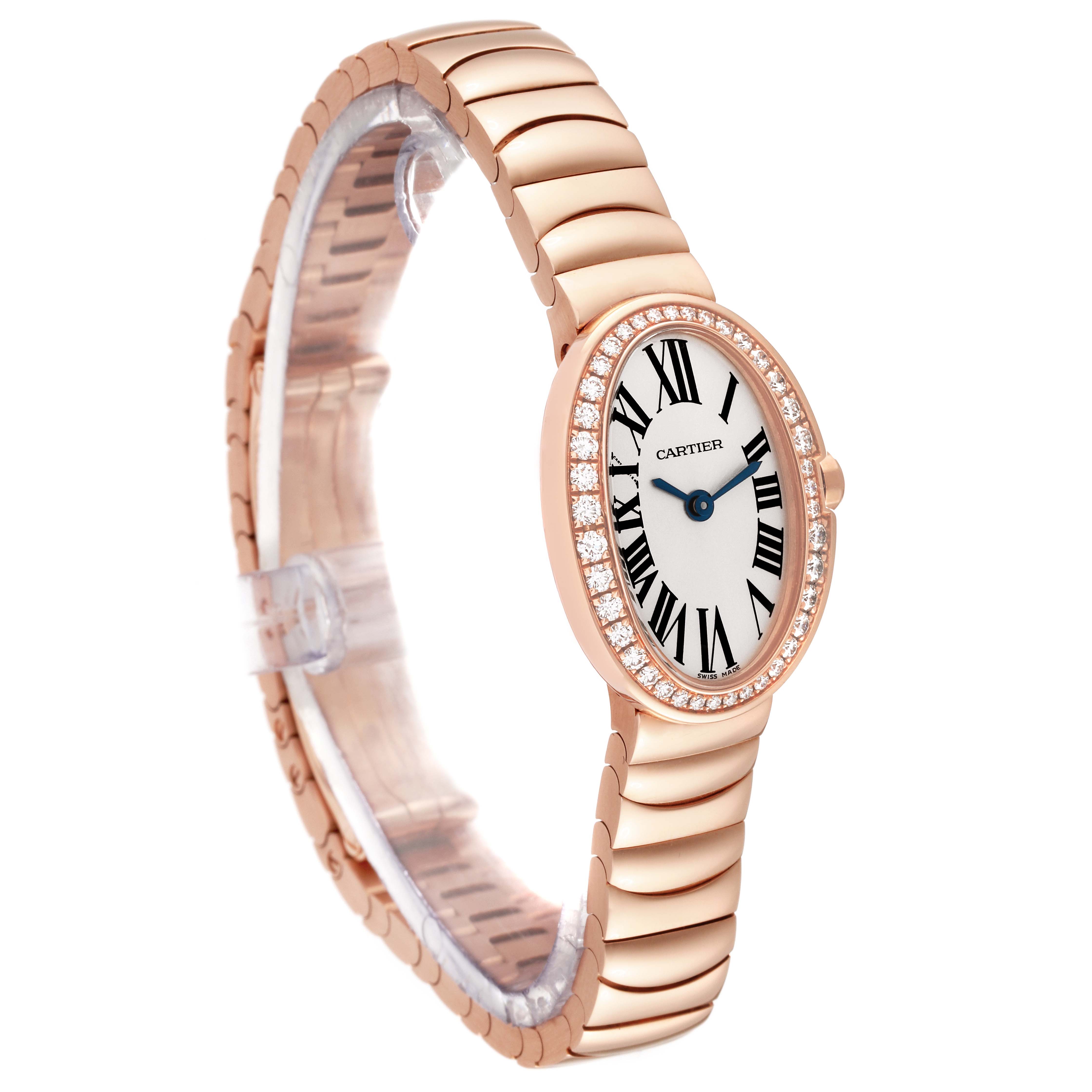 The Cartier Baignoire WB520026 Women's Rose Gold Silver Dial WB520026 Women's Rose Gold Silver Dial watch is shown at a slight angle, highlighting its rose gold bracelet, diamond bezel, and oval dial.