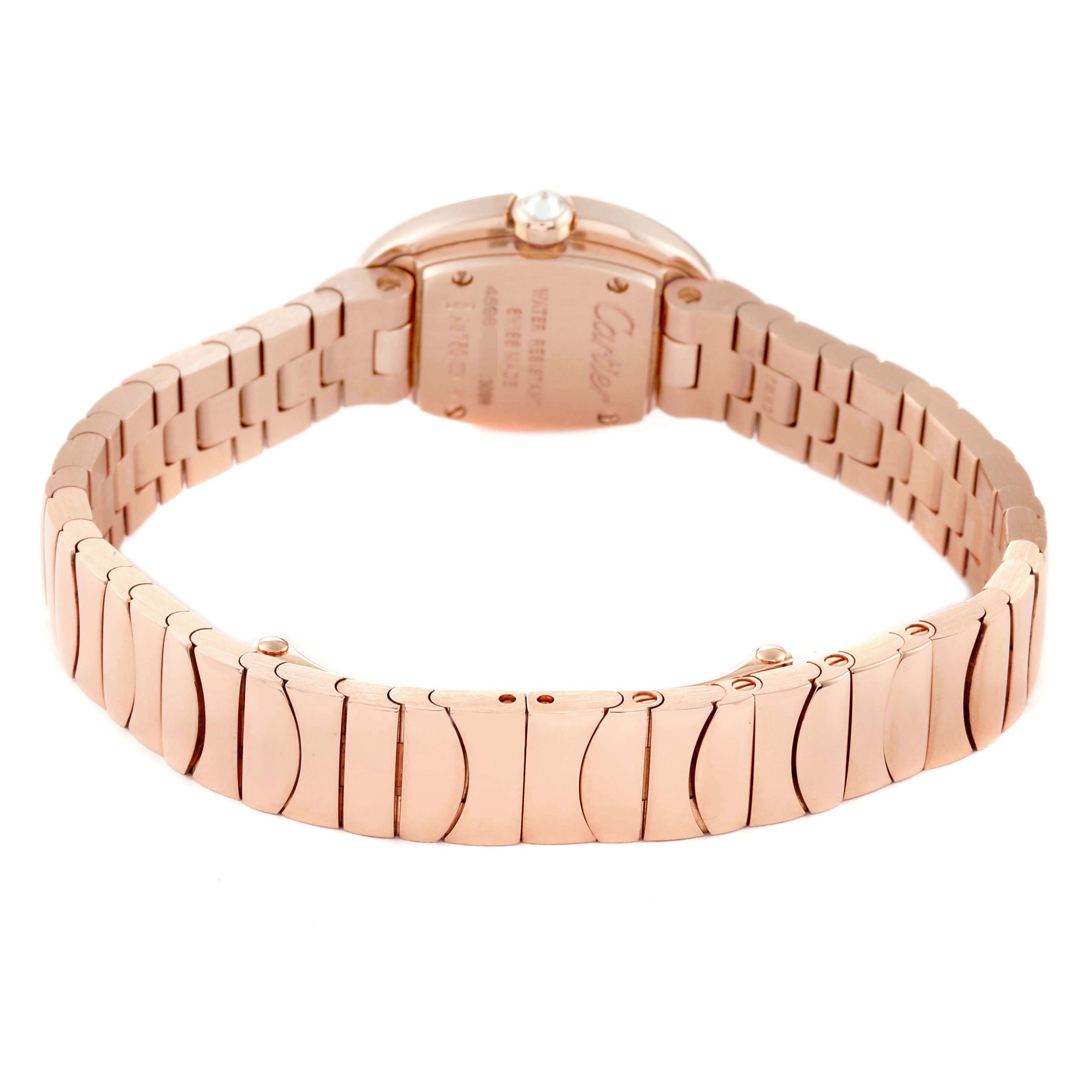 The image shows the backside and bracelet of a Cartier Baignoire WB520026 Women's Rose Gold Silver Dial WB520026 Women's Rose Gold Silver Dial watch, prominently featuring the clasp and links.