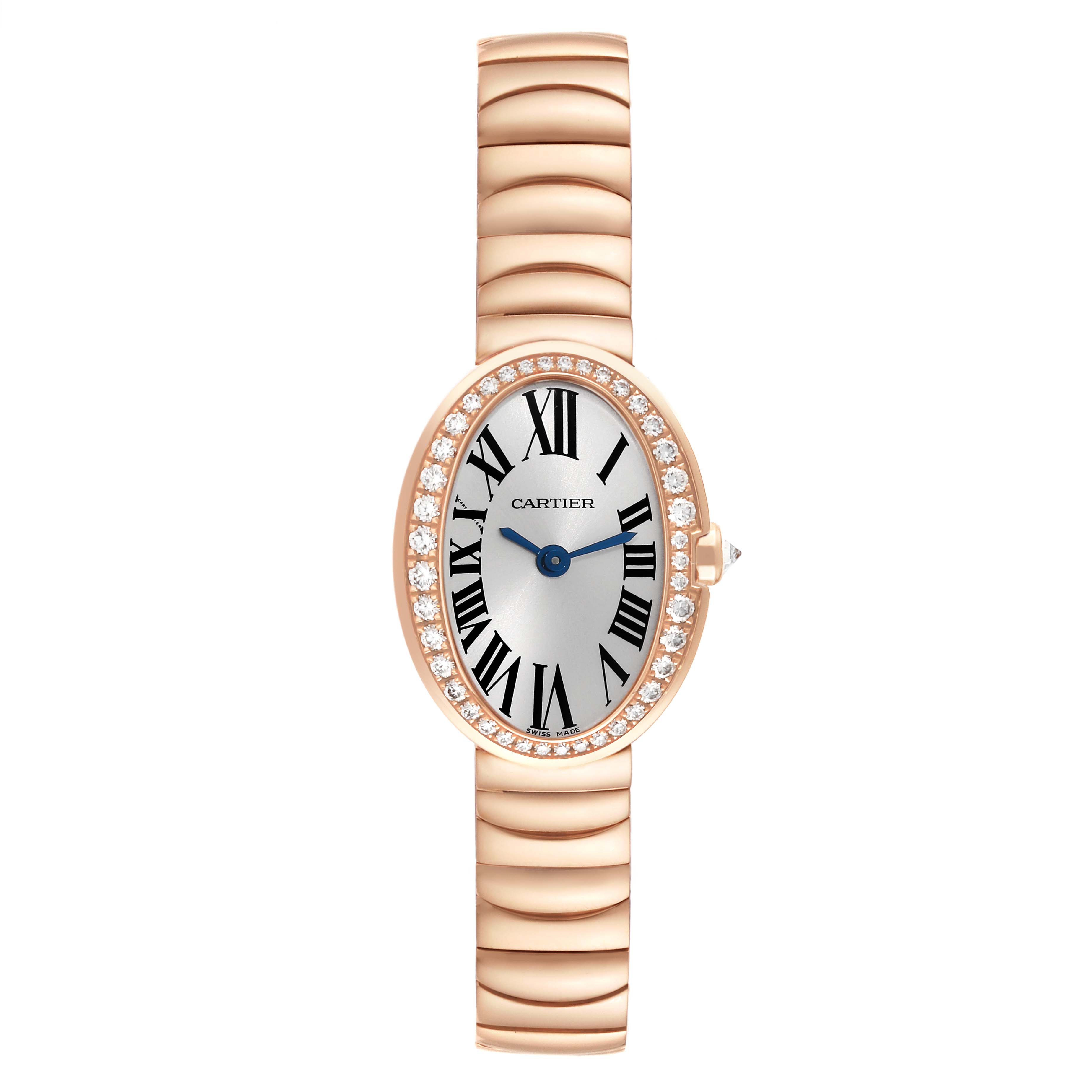 The image shows a frontal view of the Cartier Baignoire WB520026 Women's Rose Gold Silver Dial WB520026 Women's Rose Gold Silver Dial watch, displaying its oval dial, Roman numerals, and diamond-set bezel.