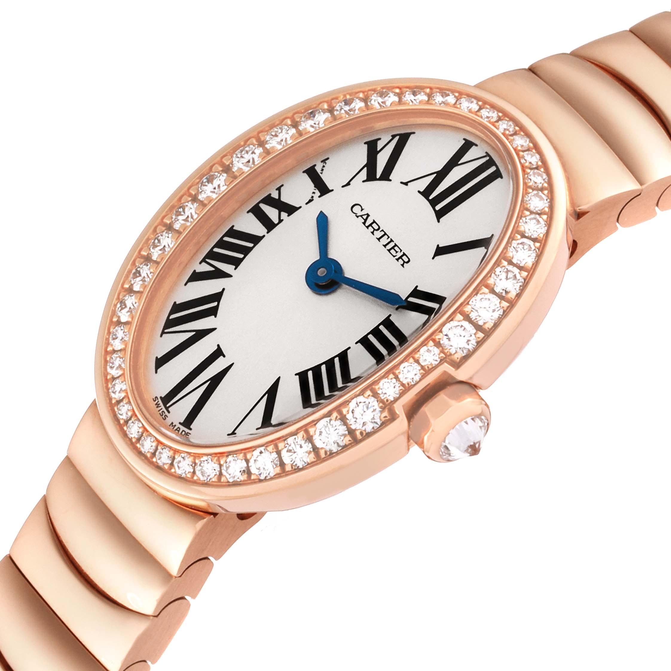 The image shows a close-up angle of the Cartier Baignoire WB520026 Women's Rose Gold Silver Dial WB520026 Women's Rose Gold Silver Dial watch, highlighting its oval face, diamond bezel, Roman numerals, and bracelet band.