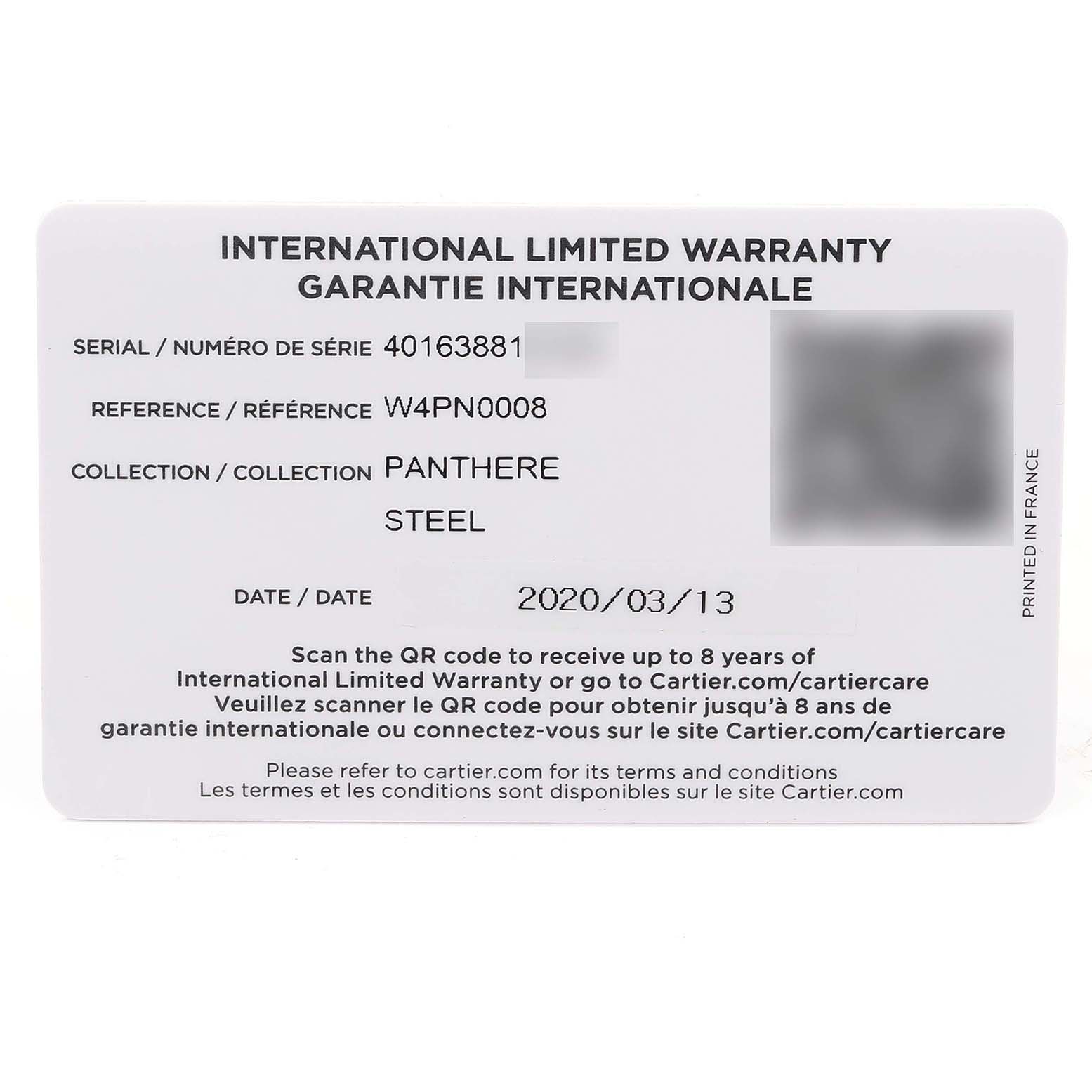 The image shows the International Limited Warranty card for the Cartier Panthere W4PN0008 Women's Stainless Steel Silver Dial W4PN0008 Women's Stainless Steel Silver Dial watch model.