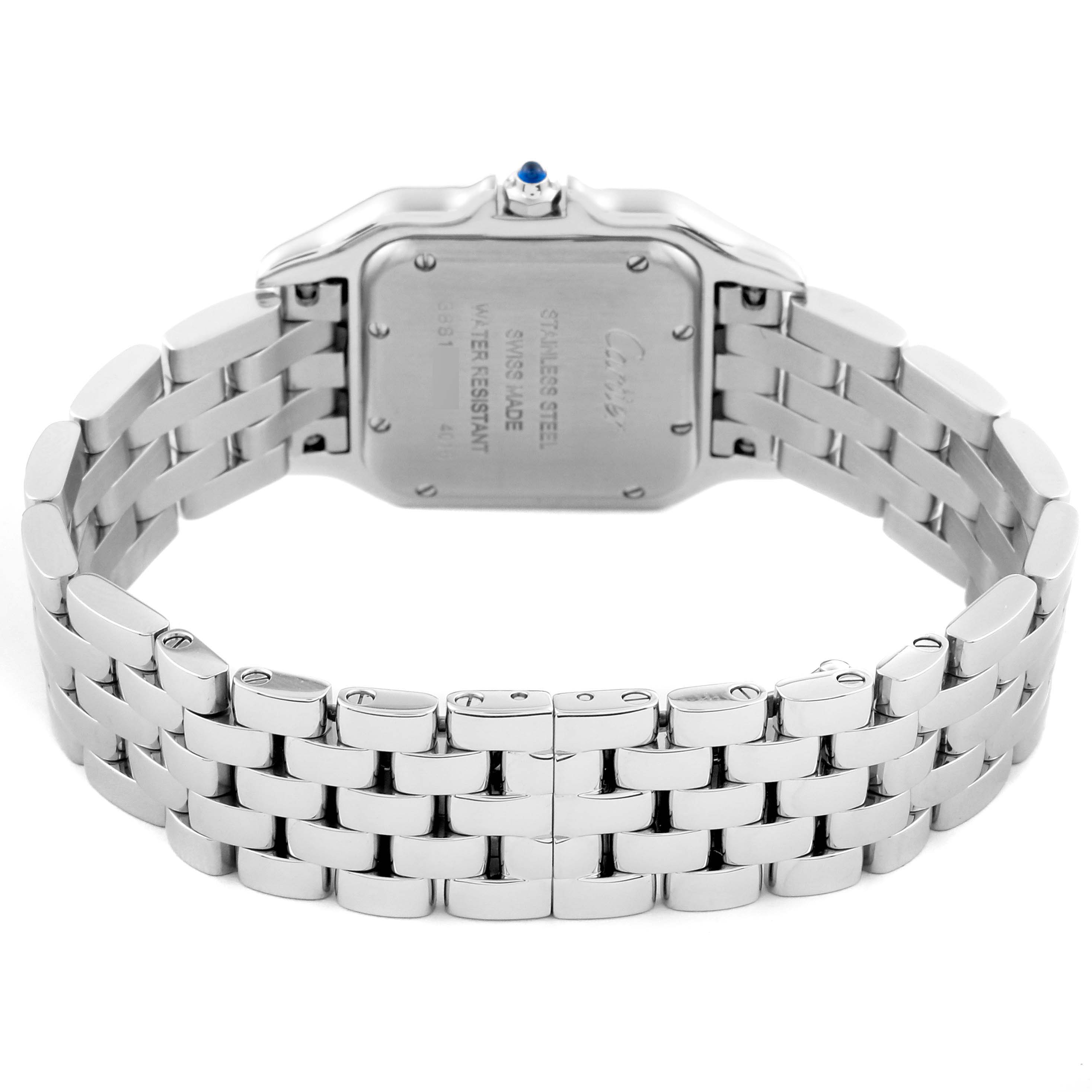 This image shows the back view of the Panthere model by Cartier, focusing on the stainless steel case and bracelet.