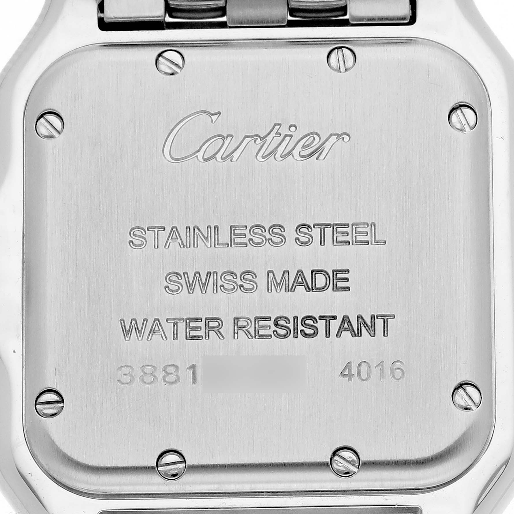 This image shows the back case of a Cartier Panthere W4PN0008 Women's Stainless Steel Silver Dial W4PN0008 Women's Stainless Steel Silver Dial watch, displaying markings like "Stainless Steel" and "Swiss Made."