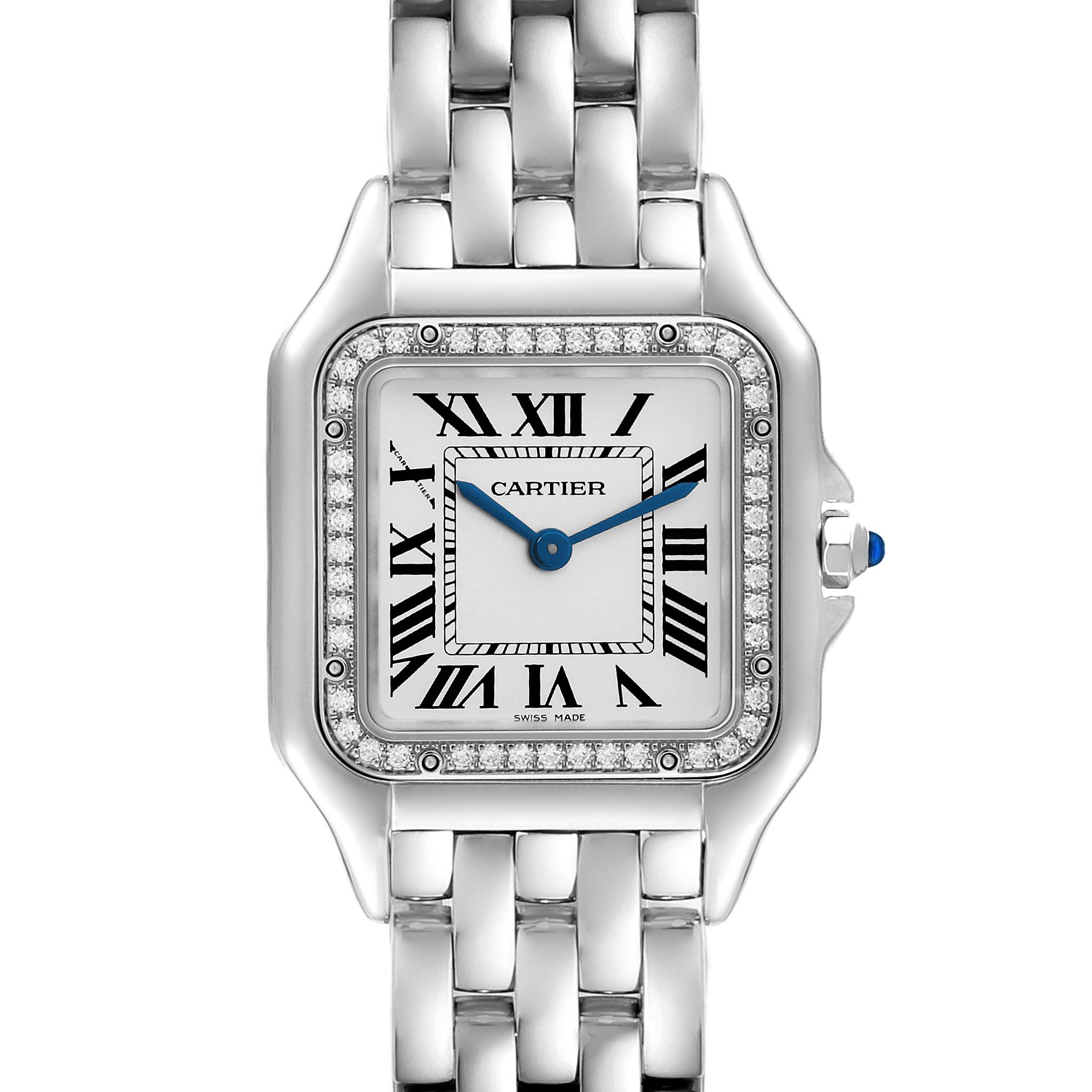 The image shows a front view of the Cartier Panthere W4PN0008 Women's Stainless Steel Silver Dial W4PN0008 Women's Stainless Steel Silver Dial watch, highlighting its face, bezel with diamonds, and part of the bracelet.