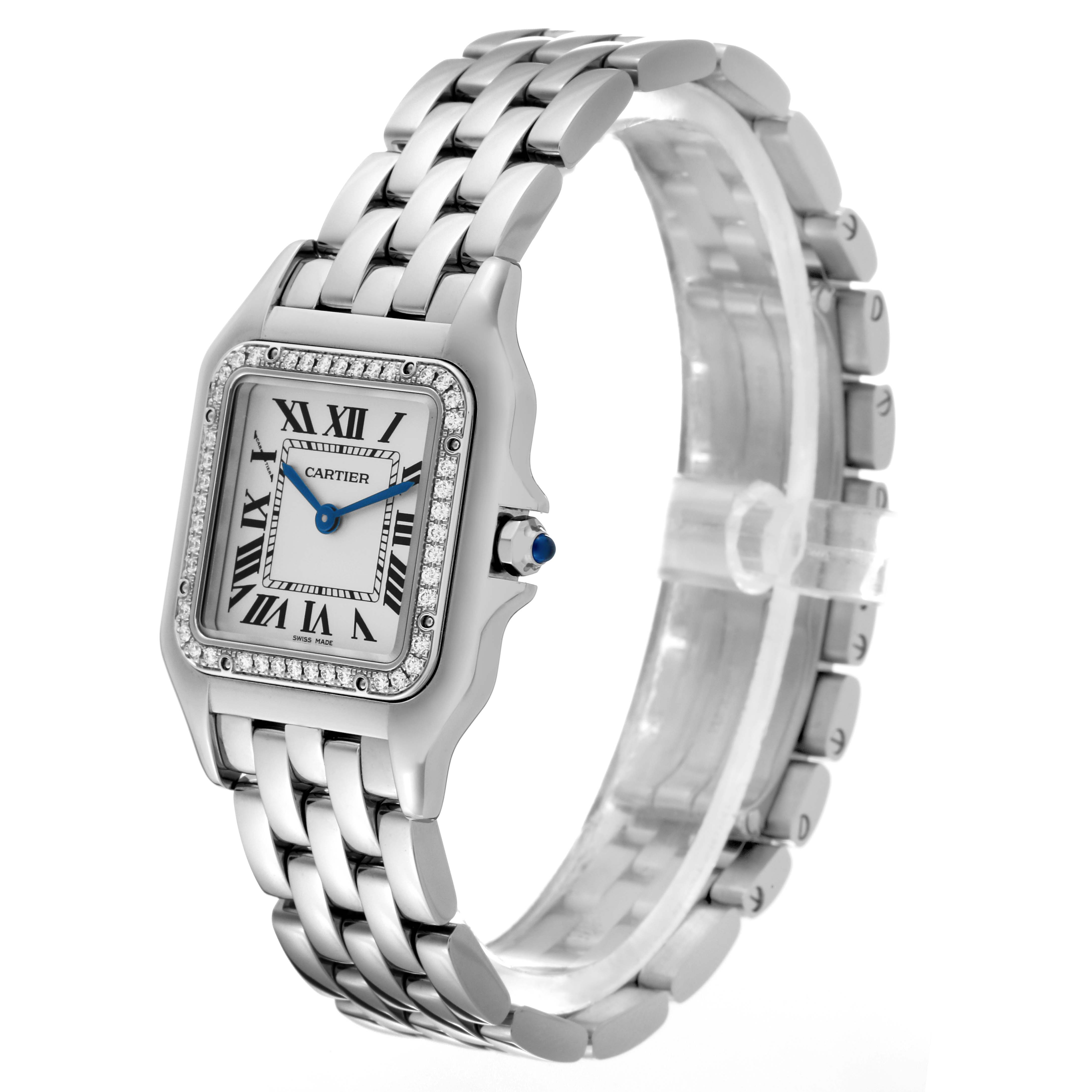 This image shows a three-quarter angle of the Cartier Panthere W4PN0008 Women's Stainless Steel Silver Dial W4PN0008 Women's Stainless Steel Silver Dial watch, featuring the bezel, dial, crown, and bracelet.