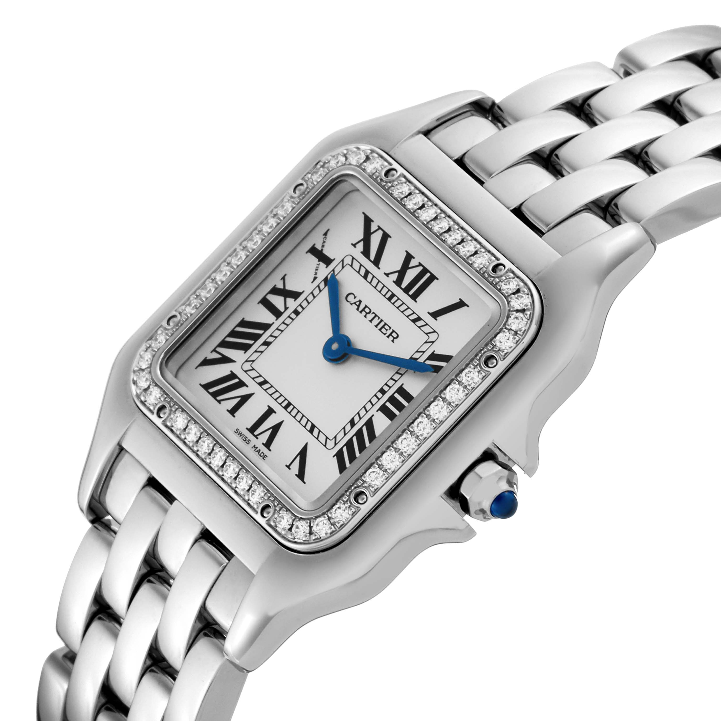 The image shows a close-up of the Cartier Panthere W4PN0008 Women's Stainless Steel Silver Dial W4PN0008 Women's Stainless Steel Silver Dial watch, including the dial, Roman numerals, bezel, and part of the bracelet.