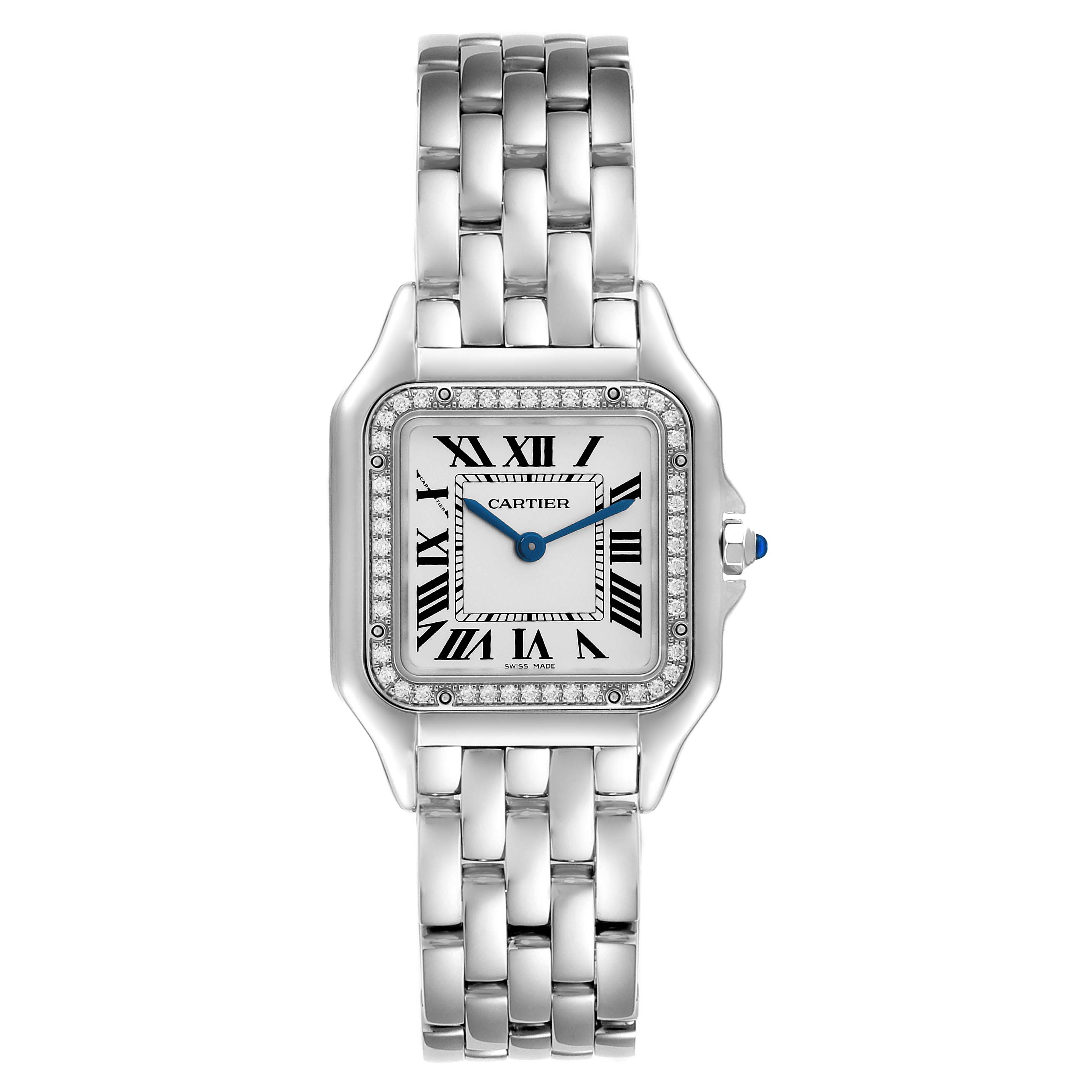 The image shows a front view of the Cartier Panthere W4PN0008 Women's Stainless Steel Silver Dial W4PN0008 Women's Stainless Steel Silver Dial model watch, featuring a stainless steel bracelet and diamond-set bezel.