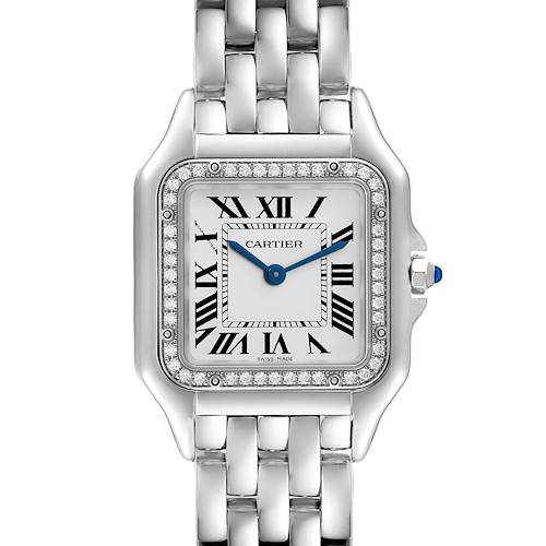 This image shows a front view of a Cartier Panthere watch, highlighting its face, Roman numerals, bezel, and bracelet.