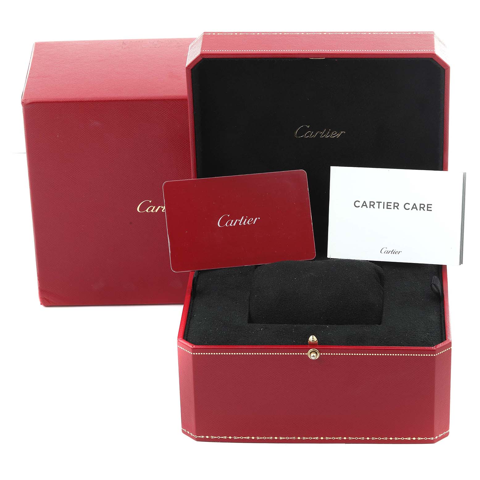 The image shows the packaging and accessories for the Cartier Panthère watch, including the box, warranty card, and care booklet.