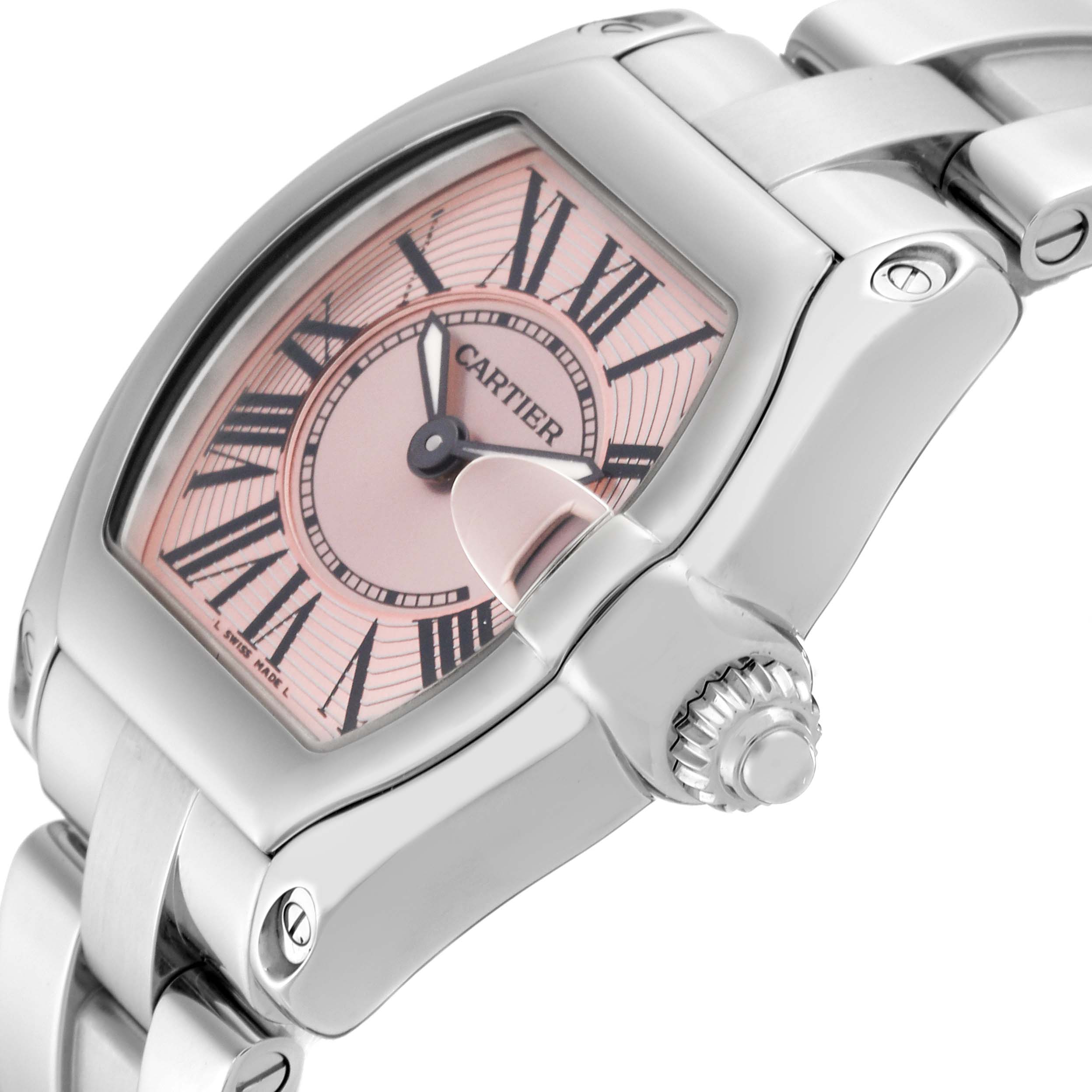 This image shows a Cartier Roadster W62017V3 Women's Stainless Steel Pink Dial W62017V3 Women's Stainless Steel Pink Dial watch from an angled view, highlighting its face, crown, and part of the bracelet.