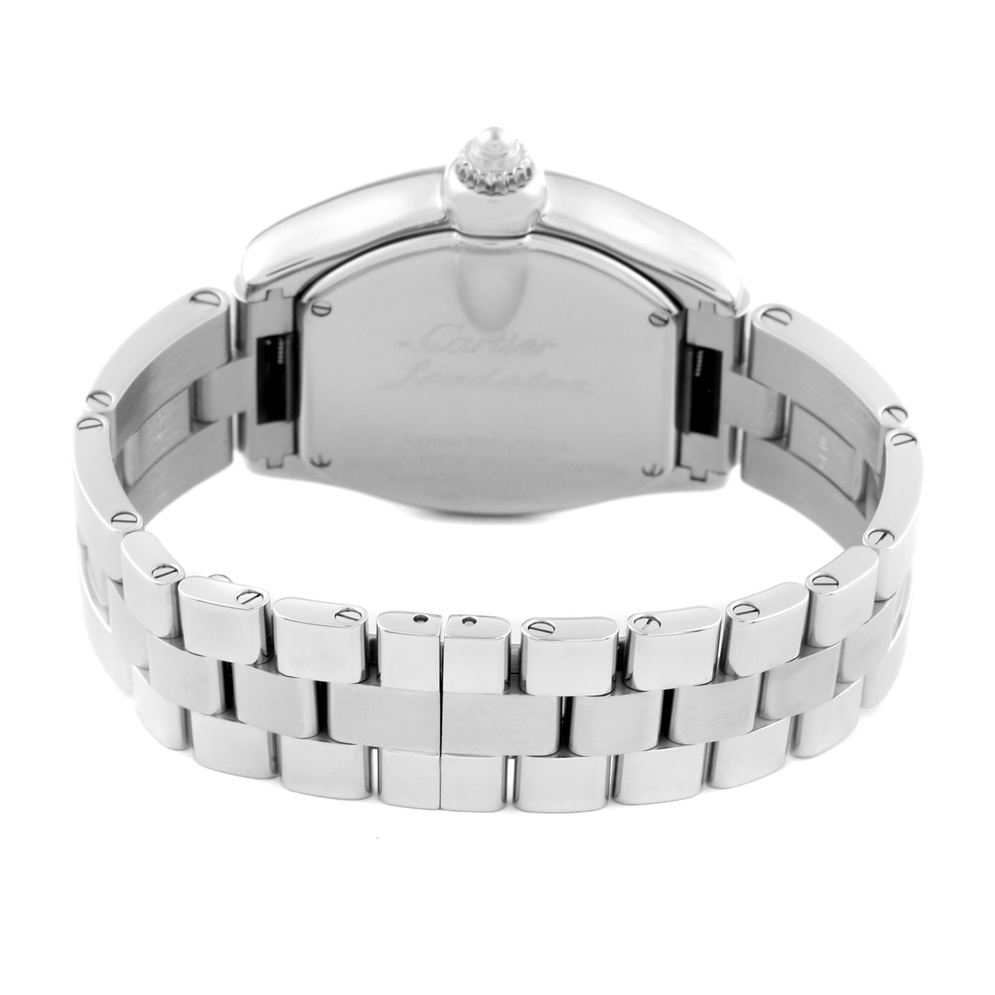 The image shows the back view of a Cartier Roadster W62017V3 Women's Stainless Steel Pink Dial W62017V3 Women's Stainless Steel Pink Dial watch, focusing on its stainless steel bracelet and clasp.