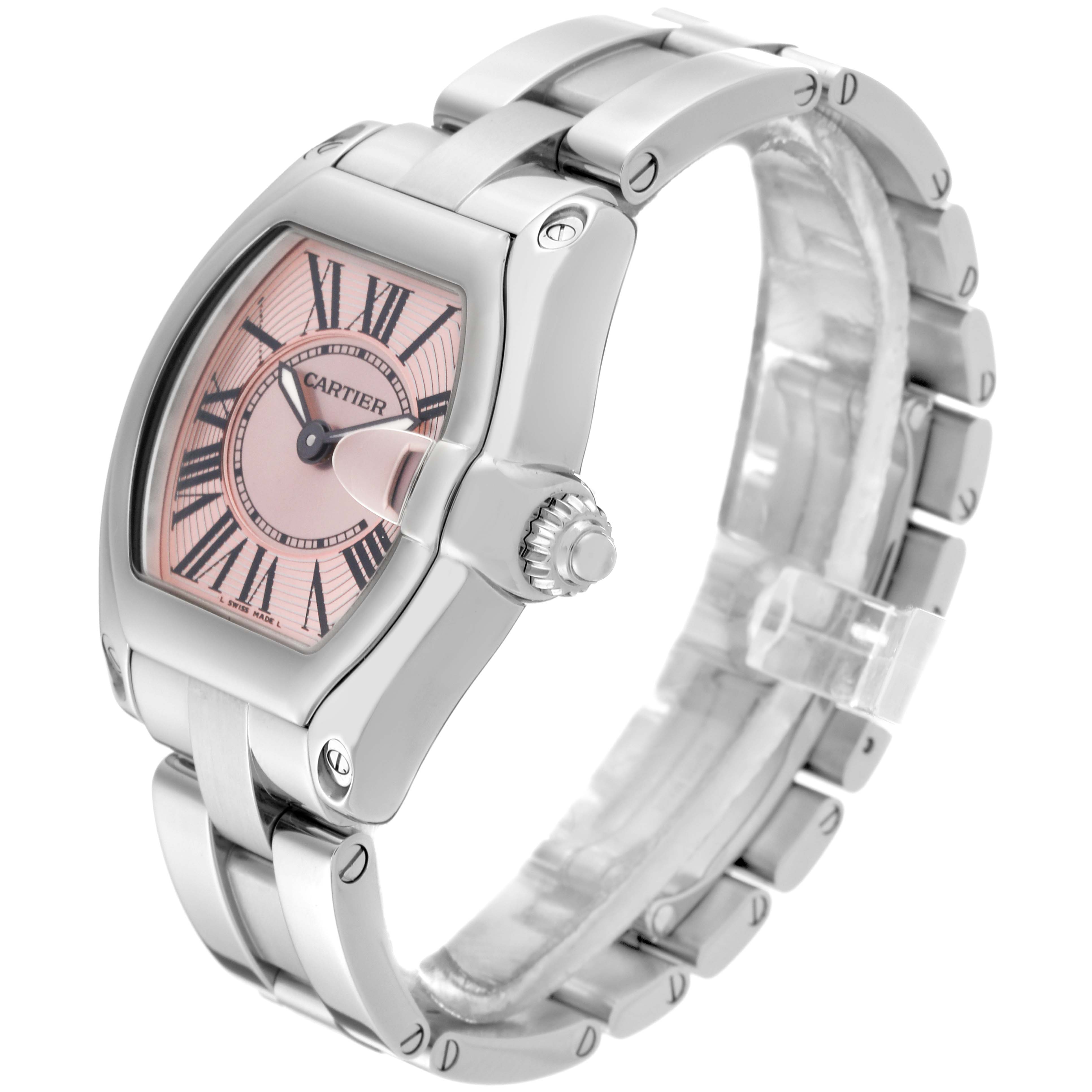 This image shows a Cartier Roadster W62017V3 Women's Stainless Steel Pink Dial W62017V3 Women's Stainless Steel Pink Dial watch at a three-quarter angle, highlighting its face, crown, and metal bracelet.