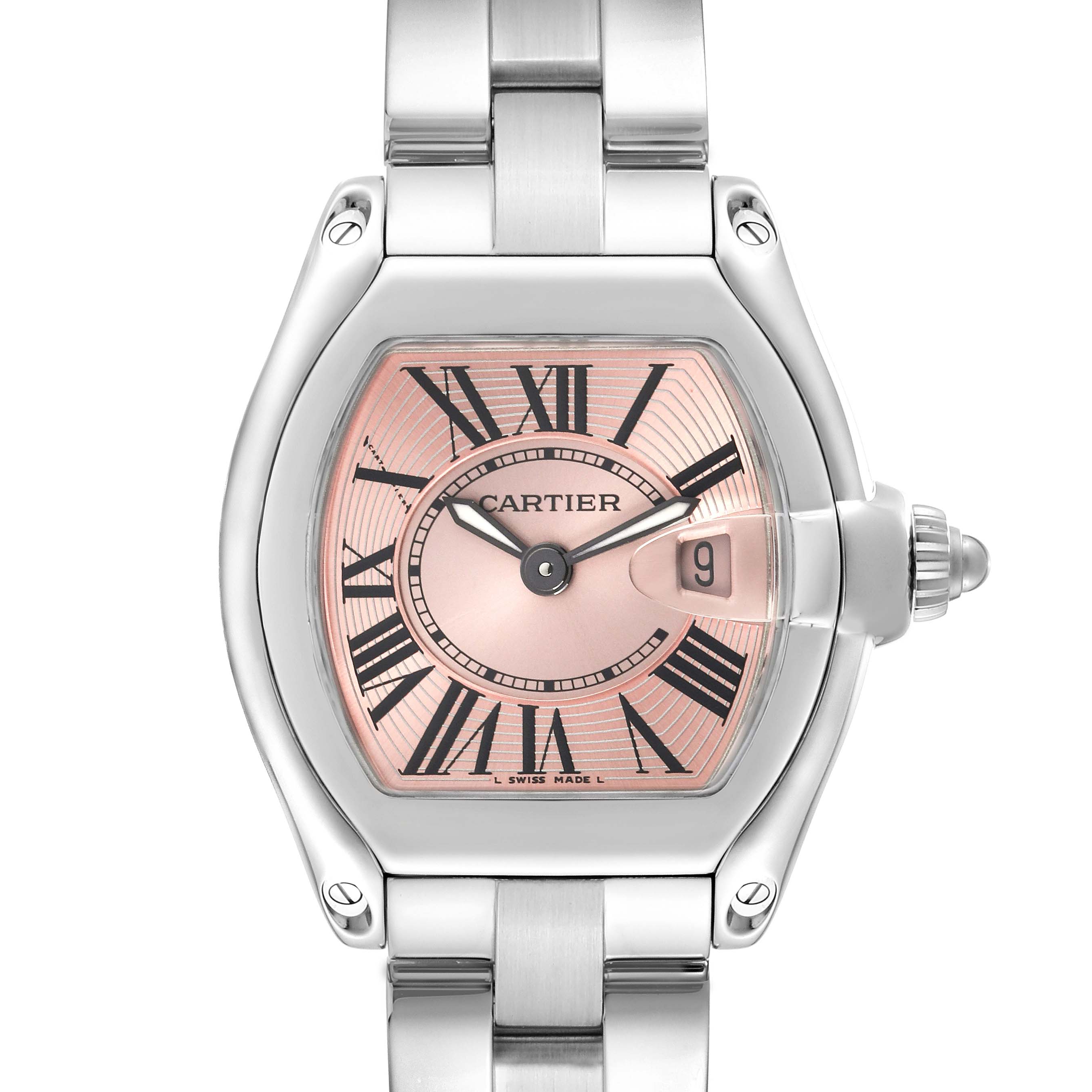 This Cartier Roadster W62017V3 Women's Stainless Steel Pink Dial W62017V3 Women's Stainless Steel Pink Dial watch is shown from a straight-on angle, highlighting the face, hands, date window, and part of the bracelet.
