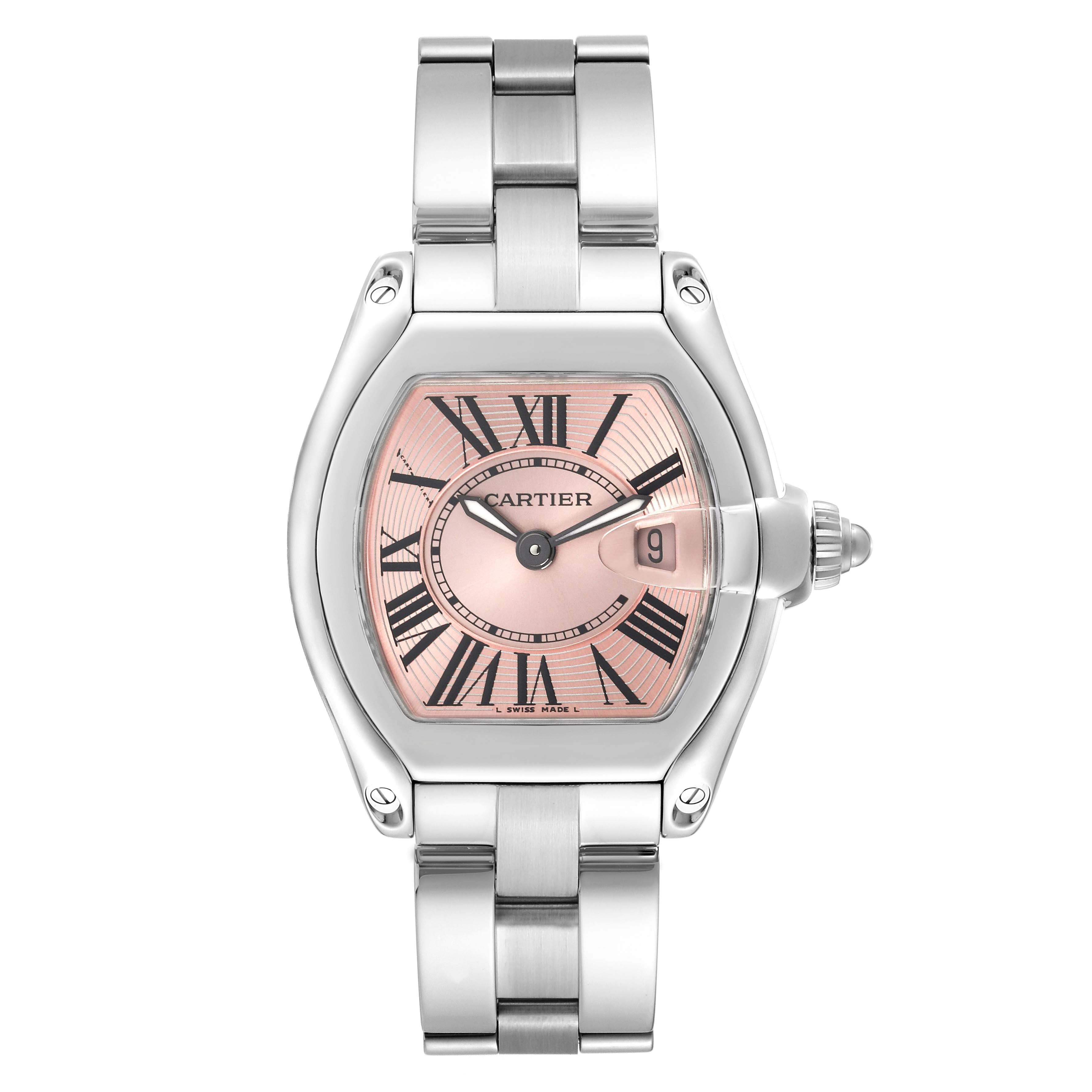 The Cartier Roadster W62017V3 Women's Stainless Steel Pink Dial W62017V3 Women's Stainless Steel Pink Dial watch is shown from the front, displaying its face, bezel, crown, and bracelet.