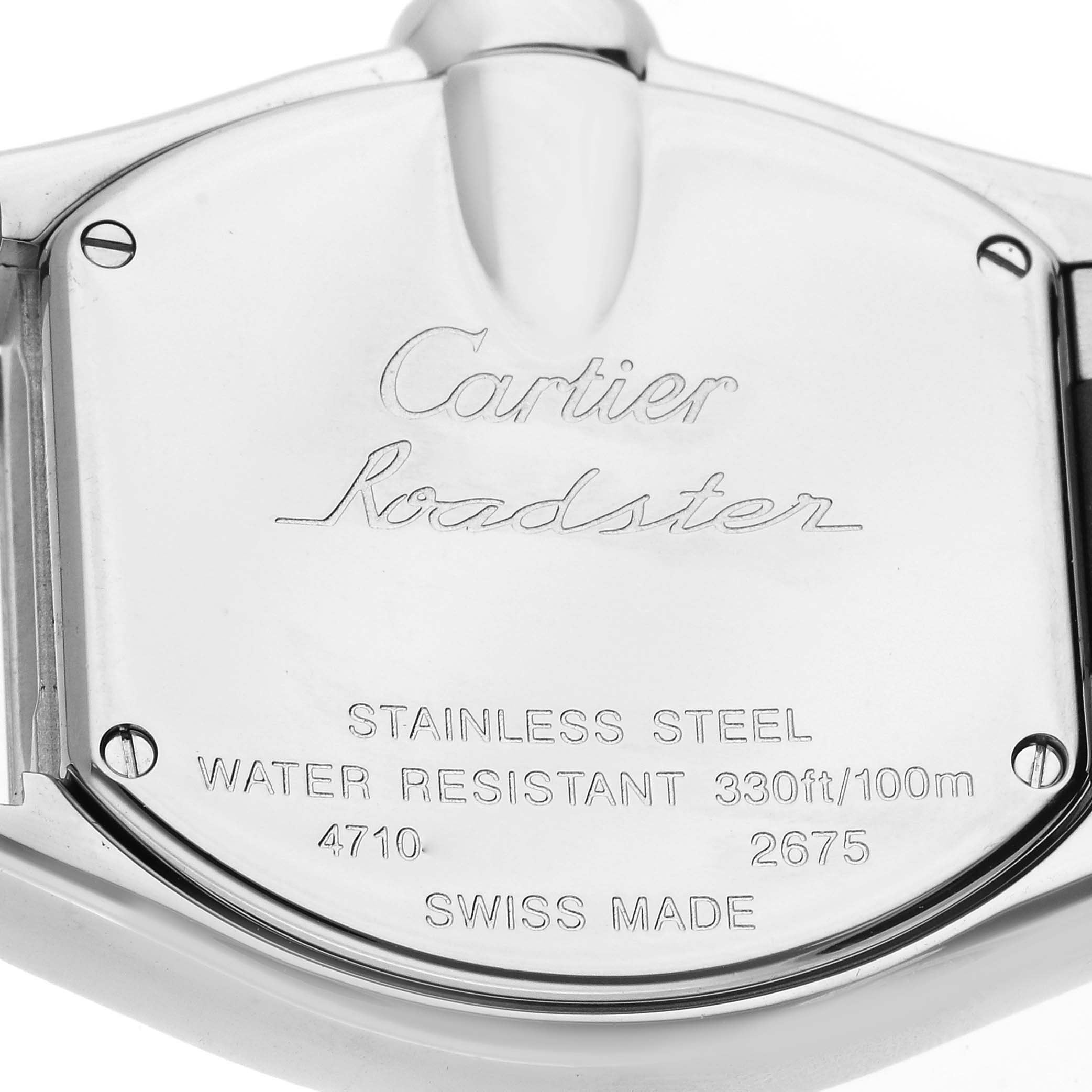 This image shows the back case of the Cartier Roadster W62017V3 Women's Stainless Steel Pink Dial W62017V3 Women's Stainless Steel Pink Dial watch, highlighting the engraved branding and specifications.