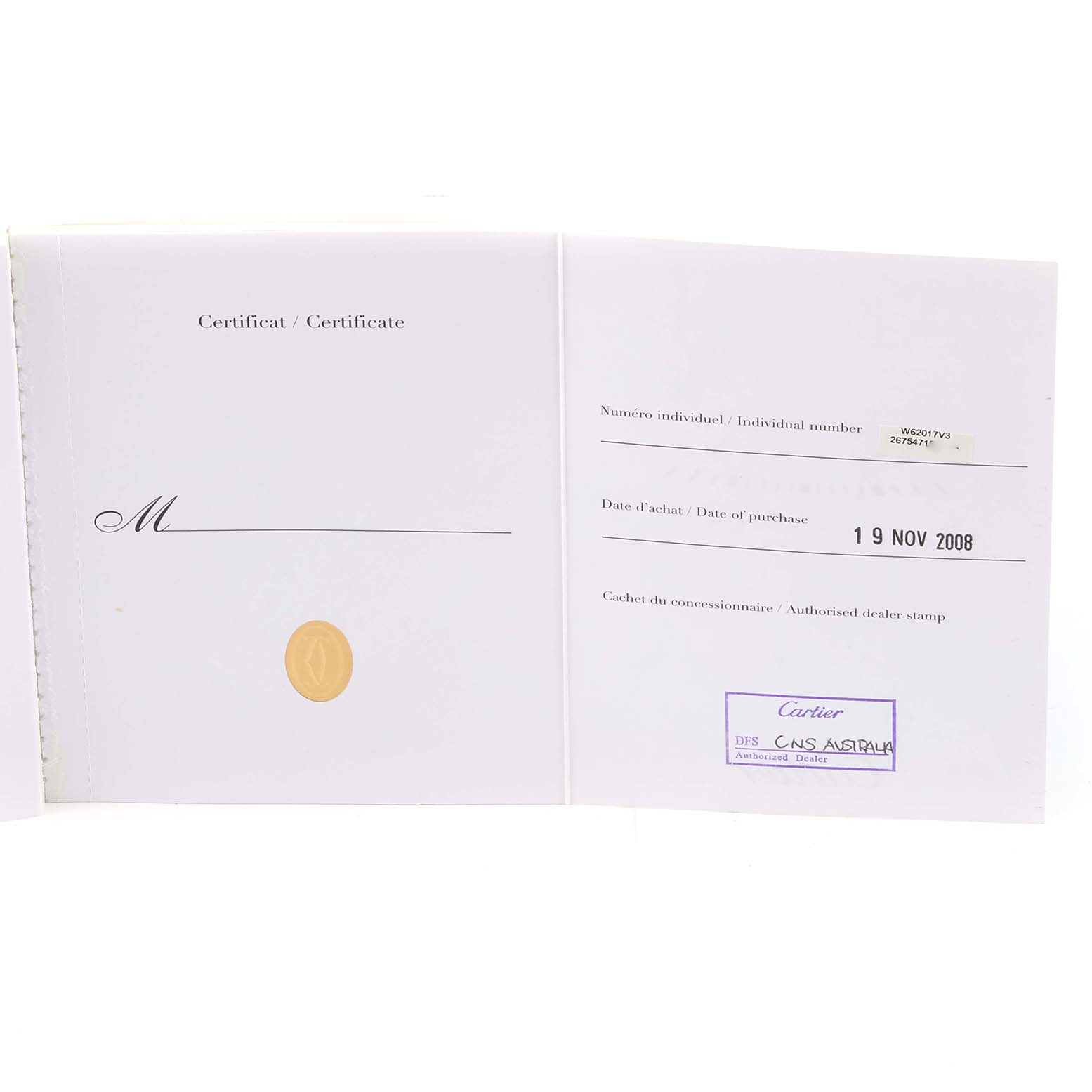 The image shows the certificate of authenticity and purchase details for the Cartier Roadster W62017V3 Women's Stainless Steel Pink Dial W62017V3 Women's Stainless Steel Pink Dial watch, open and fully visible.