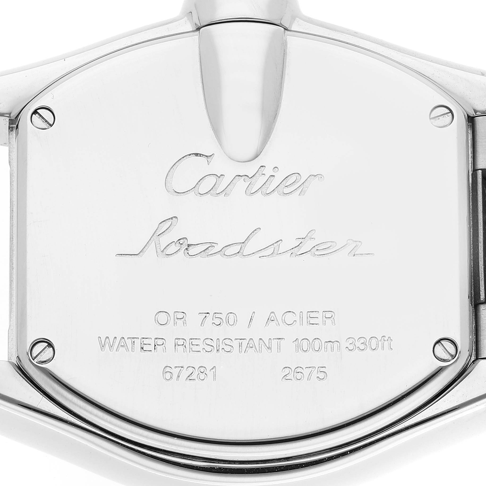 This image shows the back case of a Cartier Roadster W62026Y4 Women
s Steel and Gold (two tone) Silver Dial W62026Y4 Women
s Steel and Gold (two tone) Silver Dial watch, detailing its water resistance and material information.