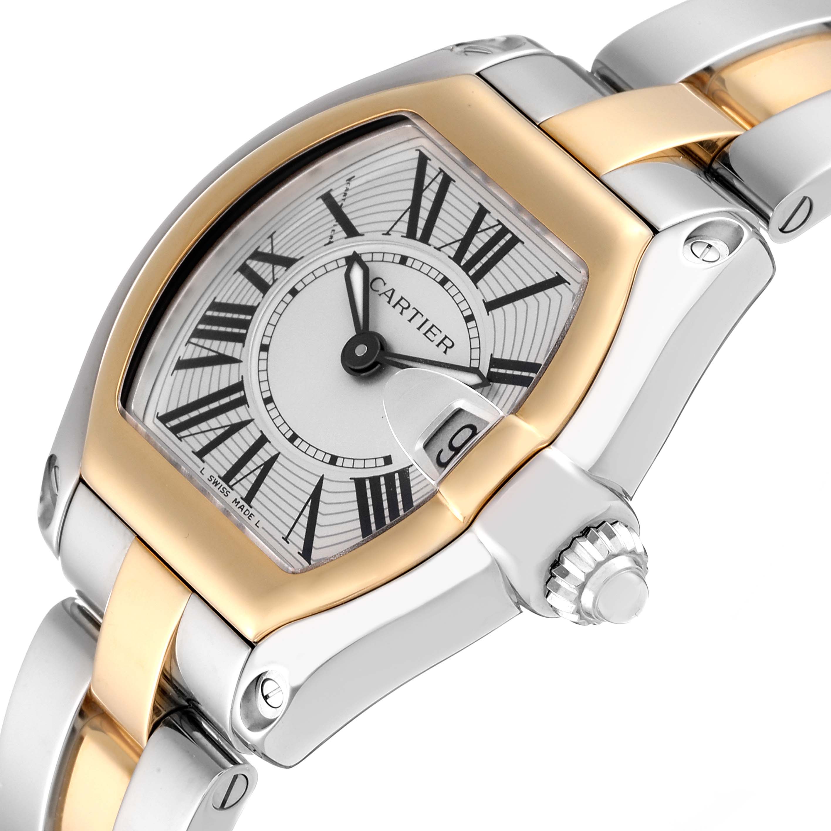 The Cartier Roadster W62026Y4 Women
s Steel and Gold (two tone) Silver Dial W62026Y4 Women
s Steel and Gold (two tone) Silver Dial watch is shown at an angle with its dial, crown, and part of its gold and silver bracelet visible.