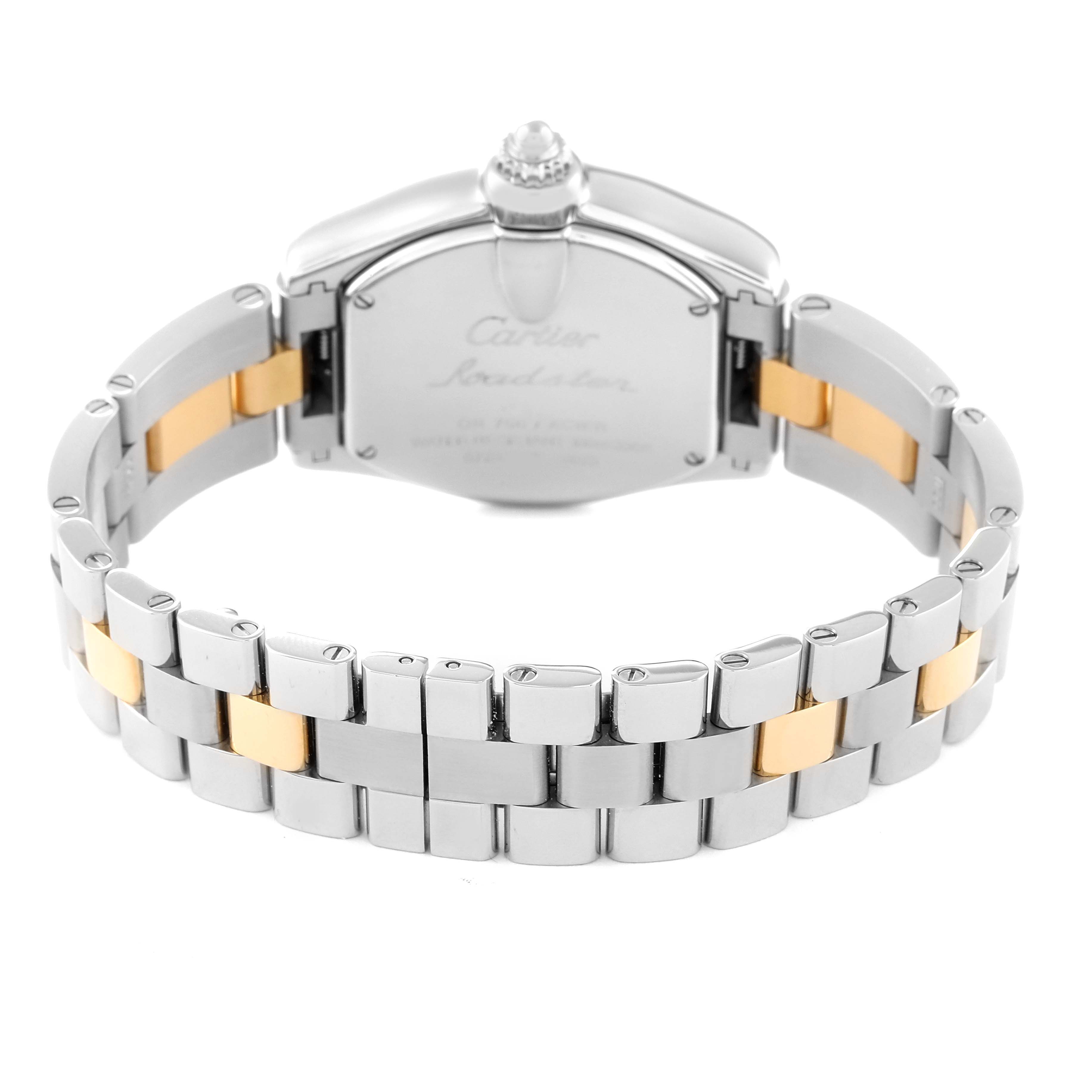 The image shows the back view of a Cartier Roadster W62026Y4 Women
s Steel and Gold (two tone) Silver Dial W62026Y4 Women
s Steel and Gold (two tone) Silver Dial watch, highlighting its case back, crown, and two-tone metal bracelet.