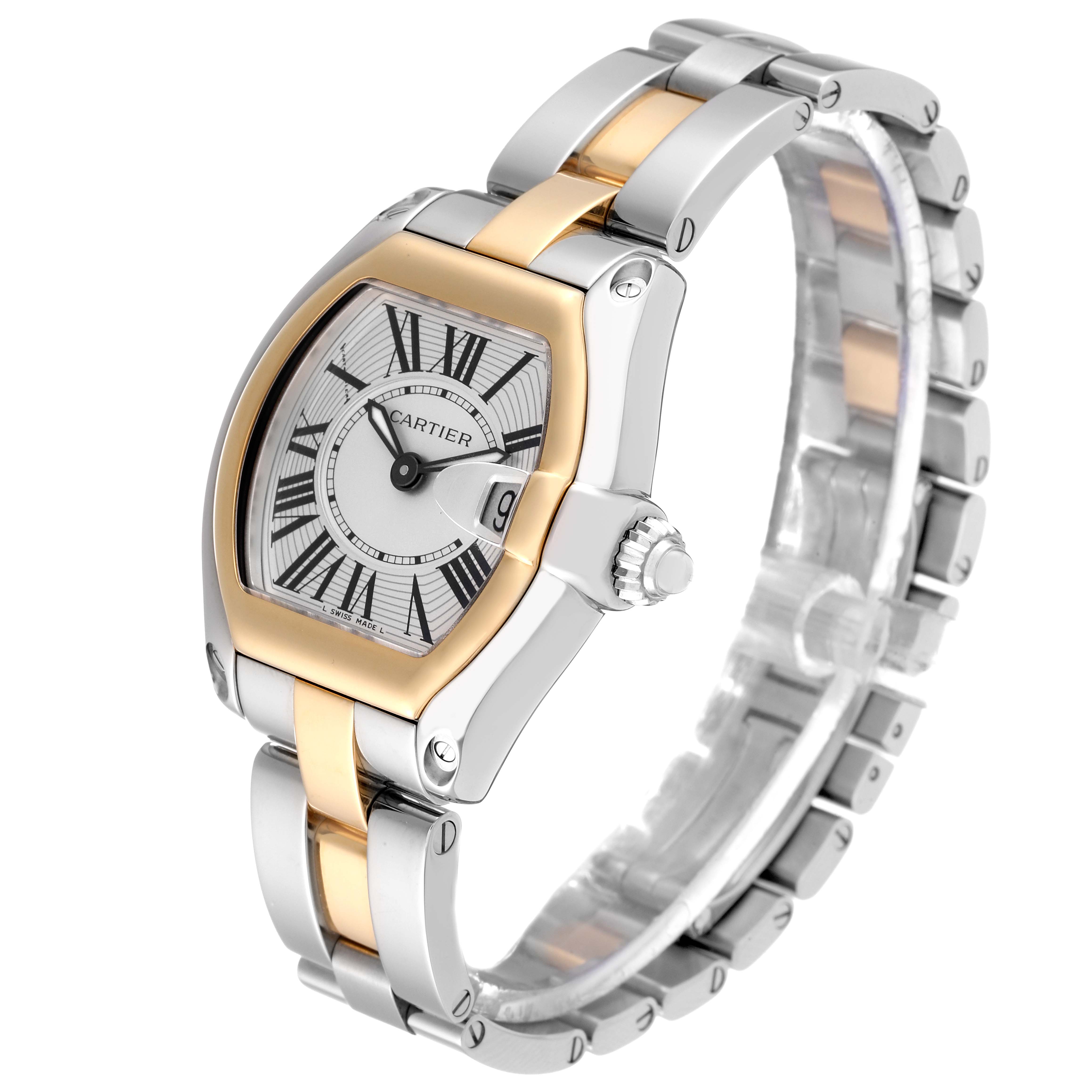 The image shows a Cartier Roadster W62026Y4 Women
s Steel and Gold (two tone) Silver Dial W62026Y4 Women
s Steel and Gold (two tone) Silver Dial watch from a three-quarter angle, highlighting the face, crown, and metal bracelet.