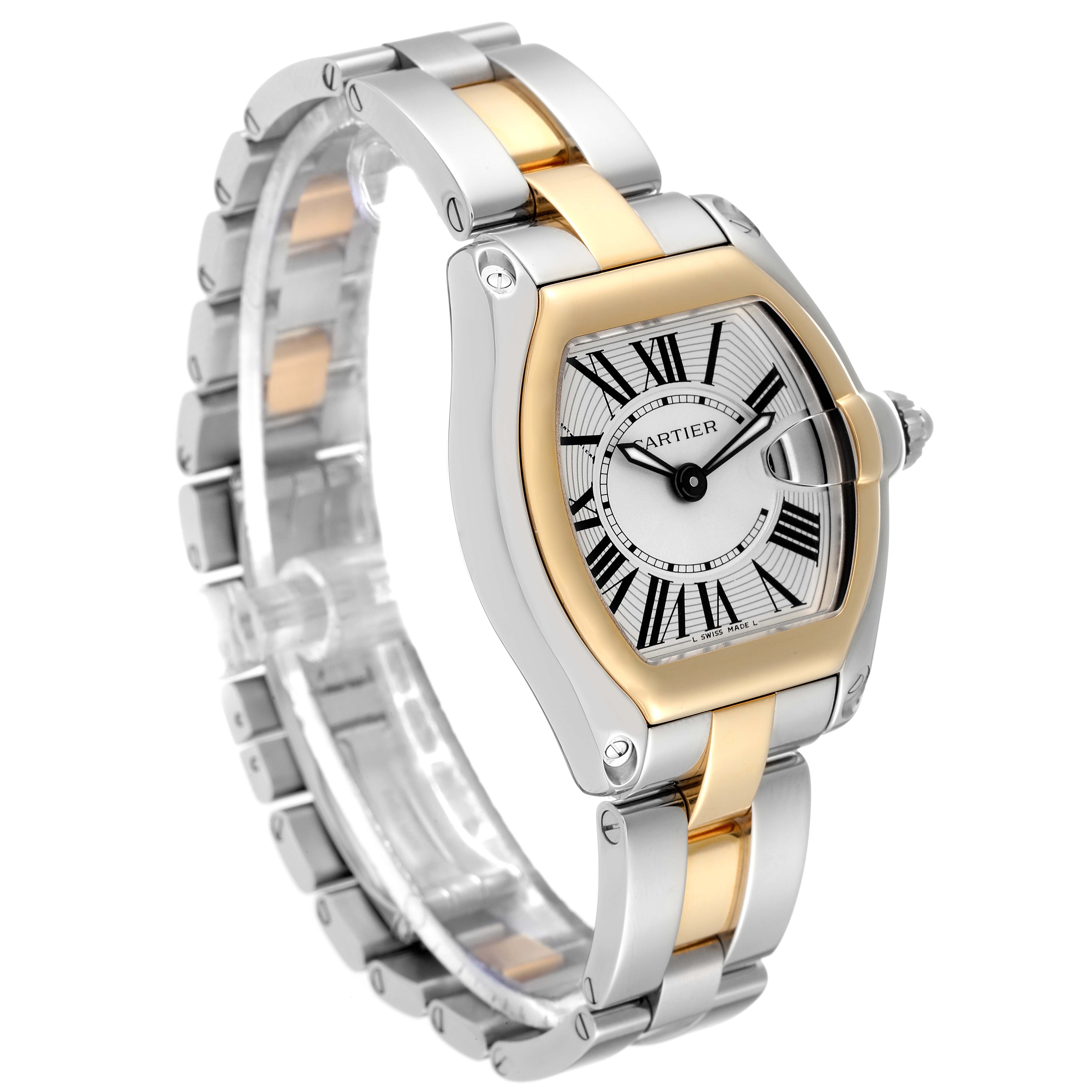 The image shows a Cartier Roadster W62026Y4 Women
s Steel and Gold (two tone) Silver Dial W62026Y4 Women
s Steel and Gold (two tone) Silver Dial watch, angled to display its face and two-tone metal bracelet.