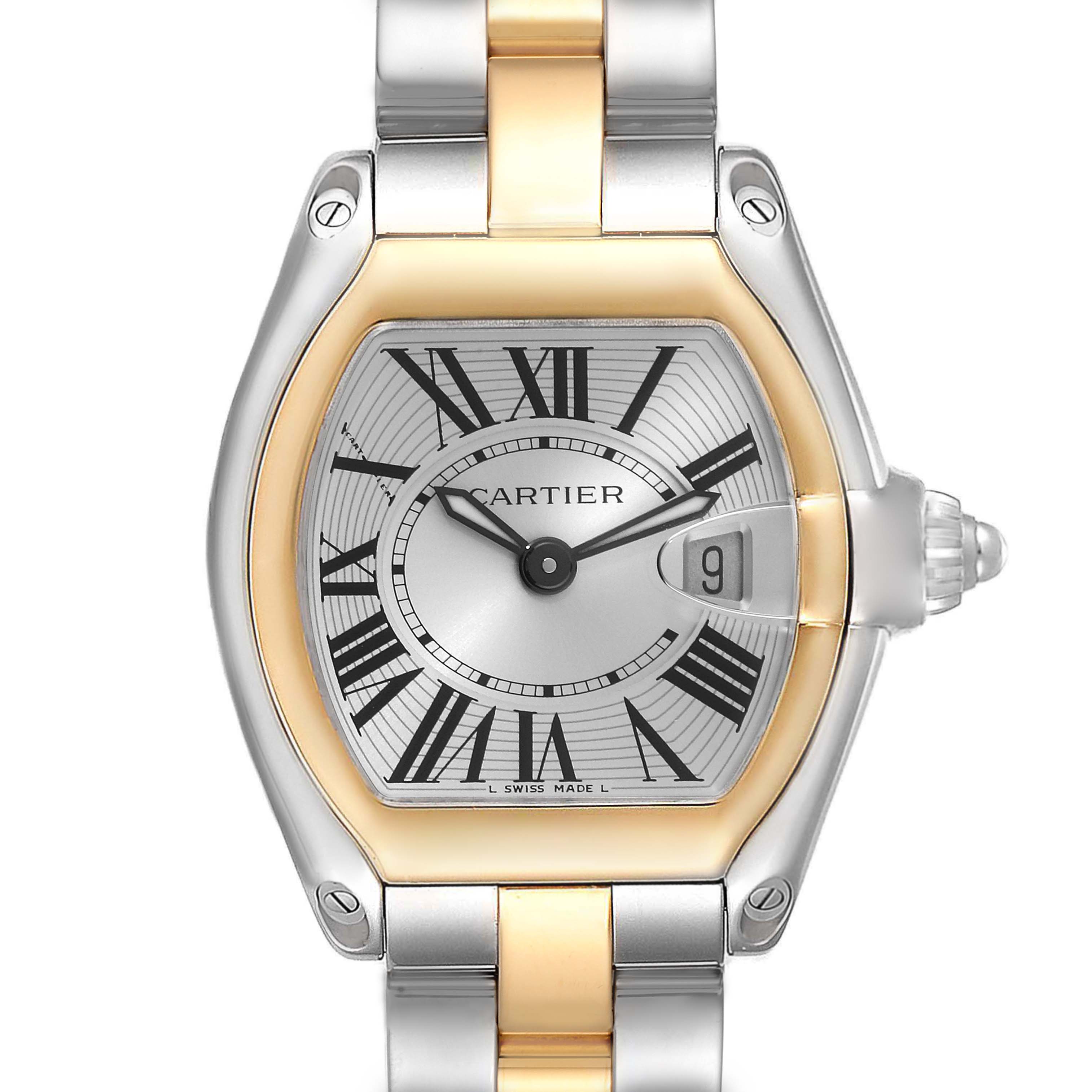 The image shows a close-up of the dial and bezel of the Cartier Roadster W62026Y4 Women
s Steel and Gold (two tone) Silver Dial W62026Y4 Women
s Steel and Gold (two tone) Silver Dial watch, highlighting the Roman numerals and date window.