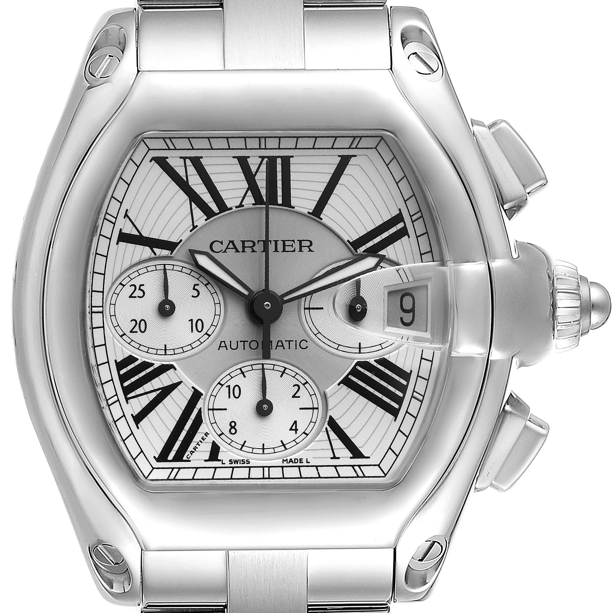 The image shows a front view of the Cartier Roadster W62019X6 Men's Stainless Steel Silver Dial W62019X6 Men's Stainless Steel Silver Dial watch, highlighting its face, bezel, and bracelet.