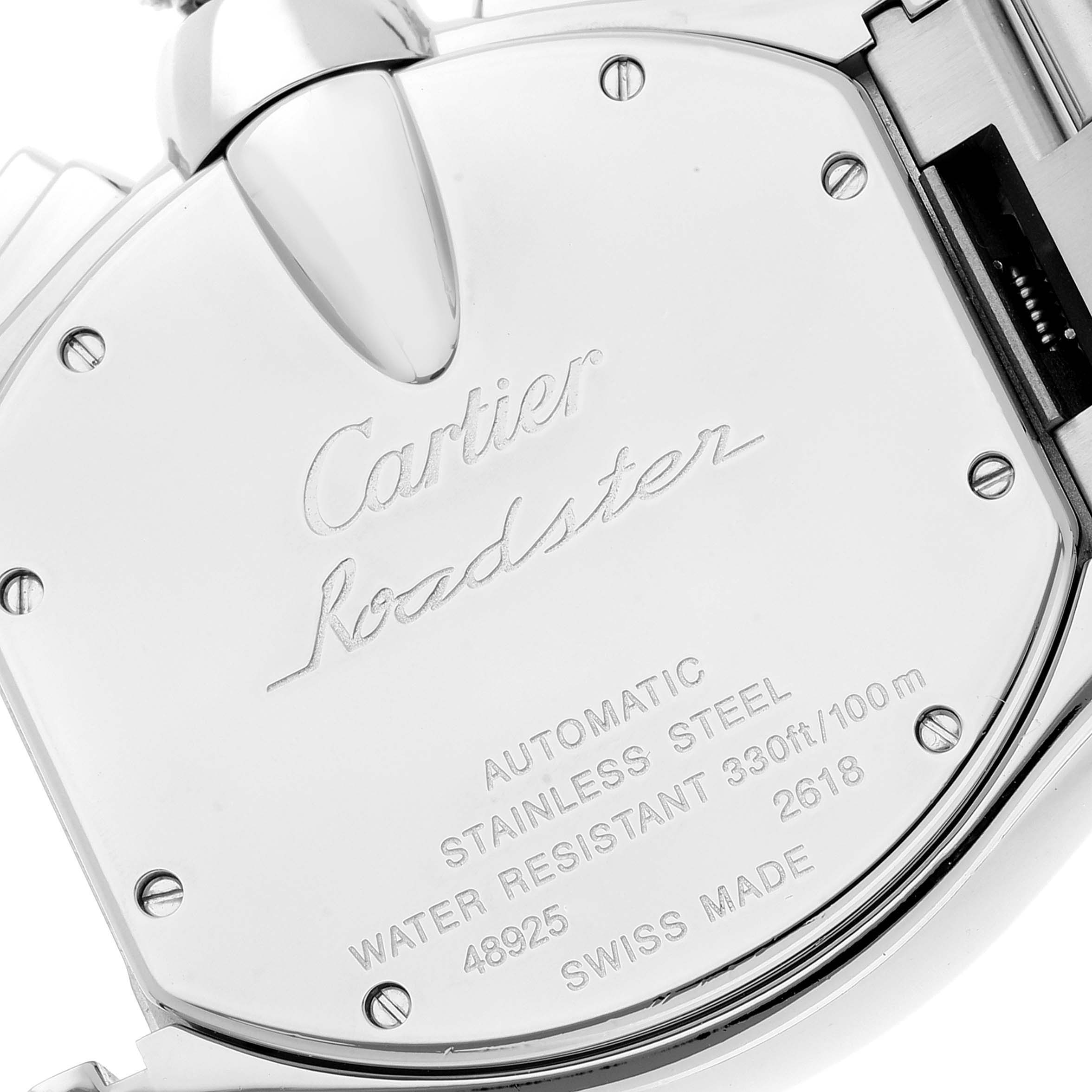 This image shows the case back of a Cartier Roadster W62019X6 Men's Stainless Steel Silver Dial W62019X6 Men's Stainless Steel Silver Dial watch, highlighting its engraved details and specifications.